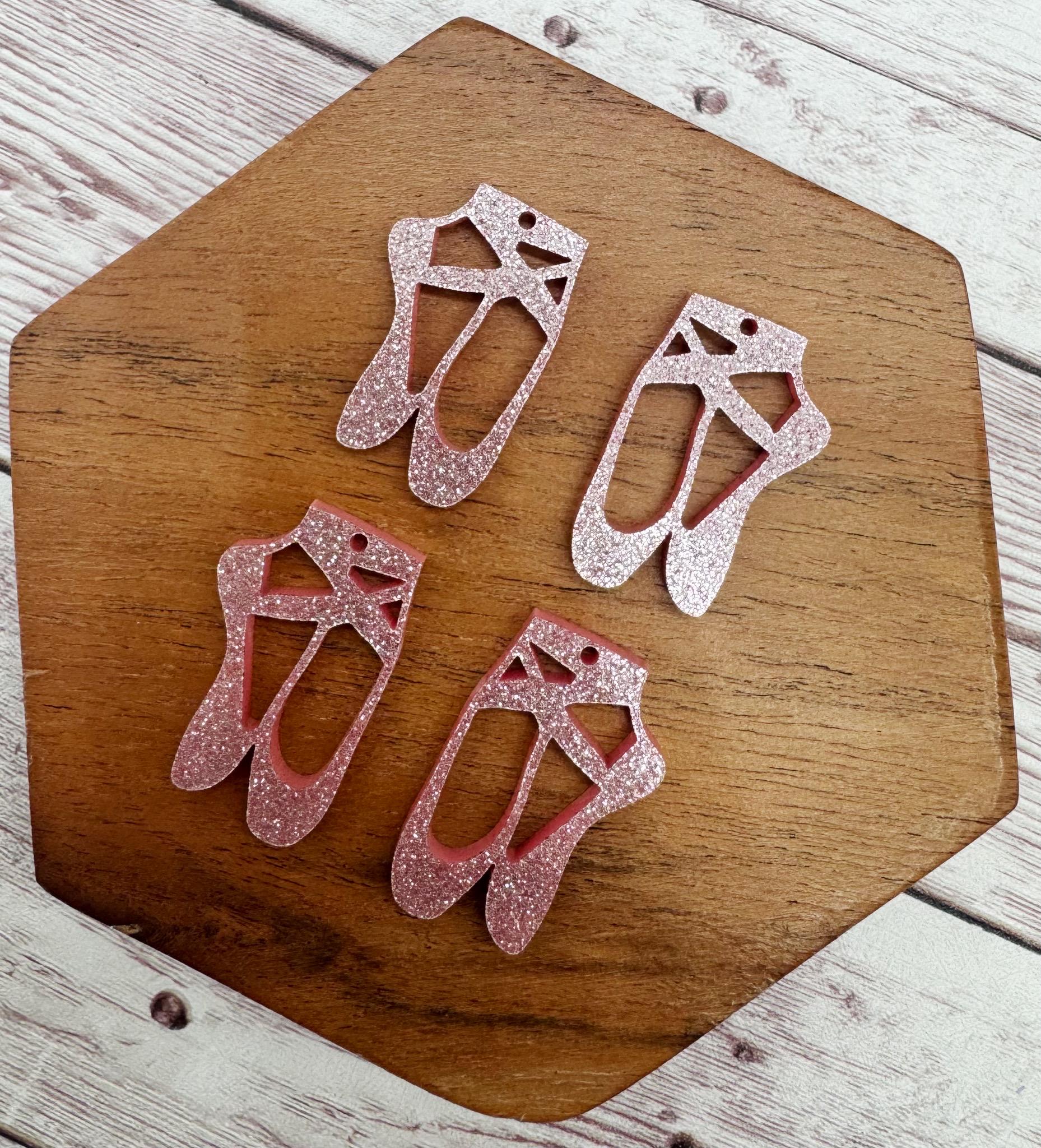 Set of 2 Pair Pink Shimmer Glitter Acrylic Ballet Shoes Slippers Dance Earring Blanks, DIY Jewelry Making