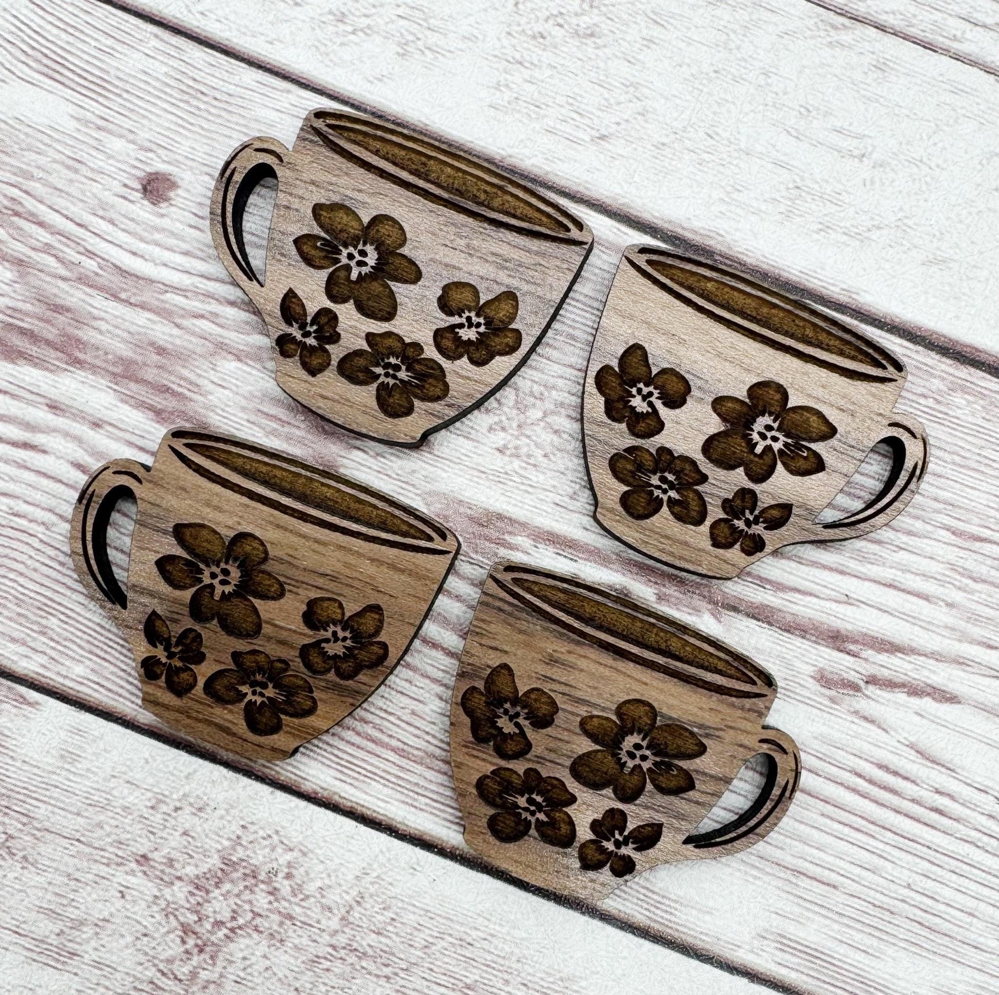 Wood Engraved Floral Teacup #1 Earring Blanks, Finished Walnut Blank, DIY Jewelry Making