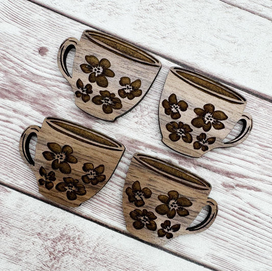 Wood Engraved Floral Teacup #1 Earring Blanks, Finished Walnut Blank, DIY Jewelry Making