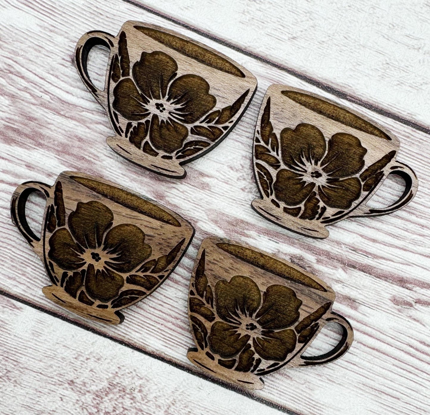 Wood Engraved Floral Teacup #2 Earring Blanks, Finished Walnut Blank, DIY Jewelry Making