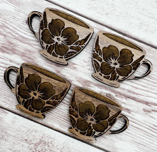 Wood Engraved Floral Teacup #2 Earring Blanks, Finished Walnut Blank, DIY Jewelry Making