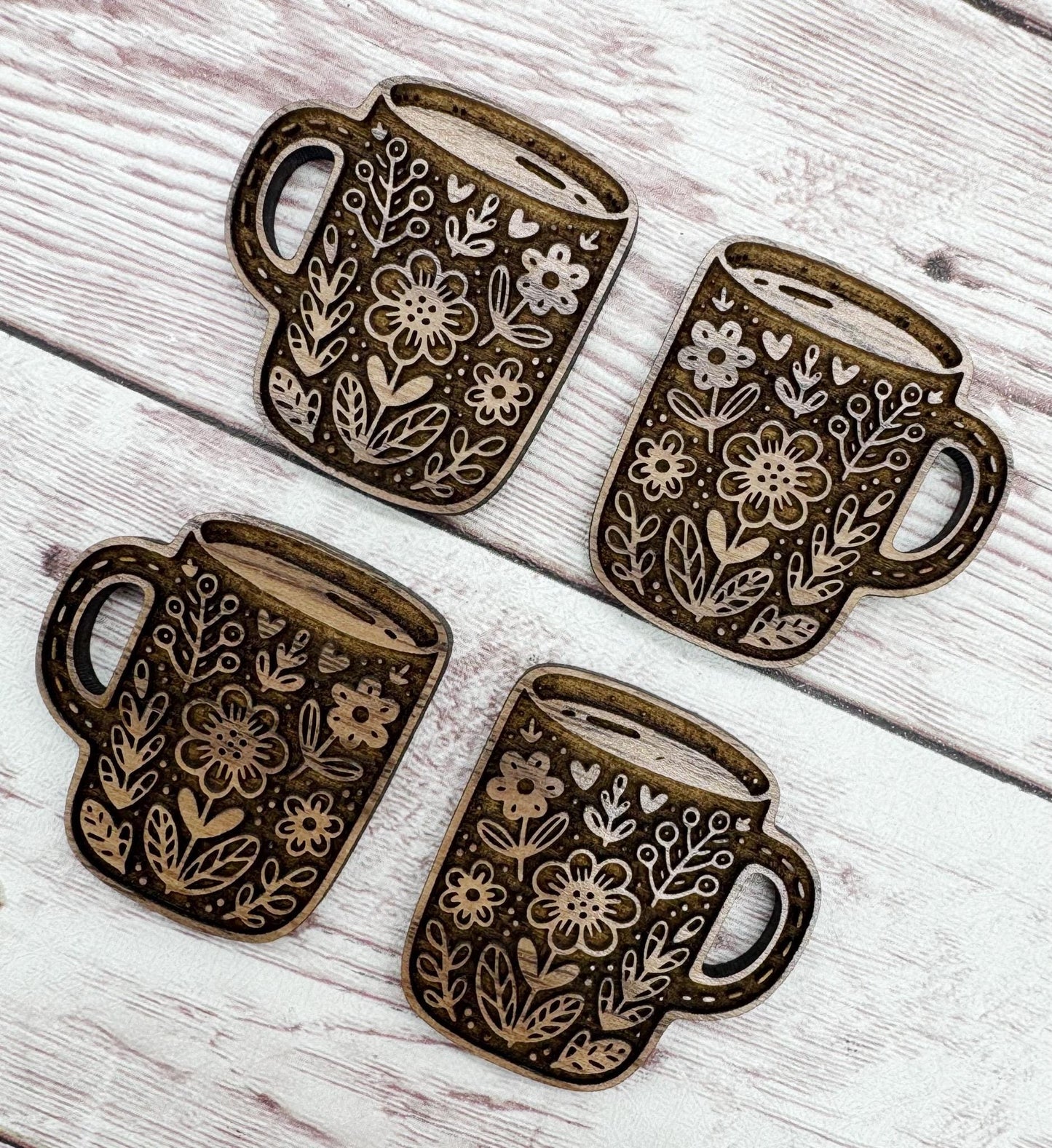 Wood Engraved Floral Coffee Tea Mug Earring Blanks, Finished Walnut Blank, DIY Jewelry Making