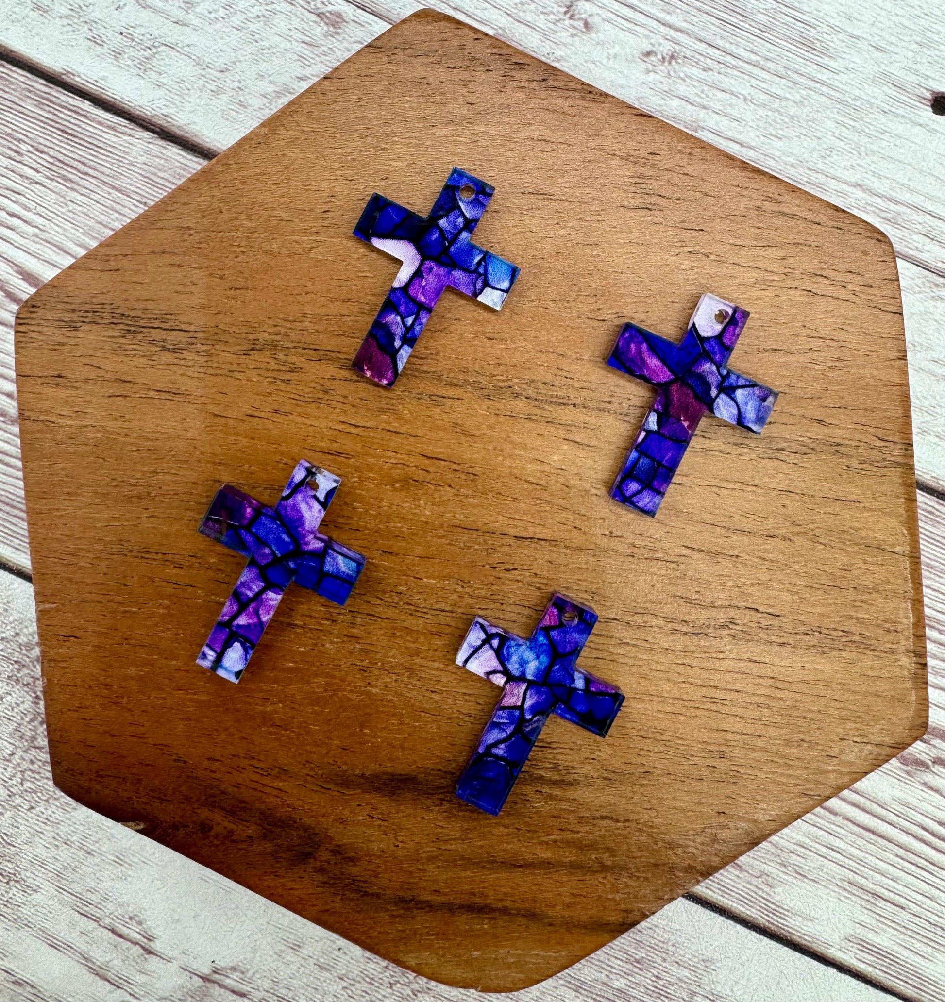 Set of 2 Pair Mini Purple Stained Glass Print Acrylic Cross Earring Blanks DIY Jewelry Making