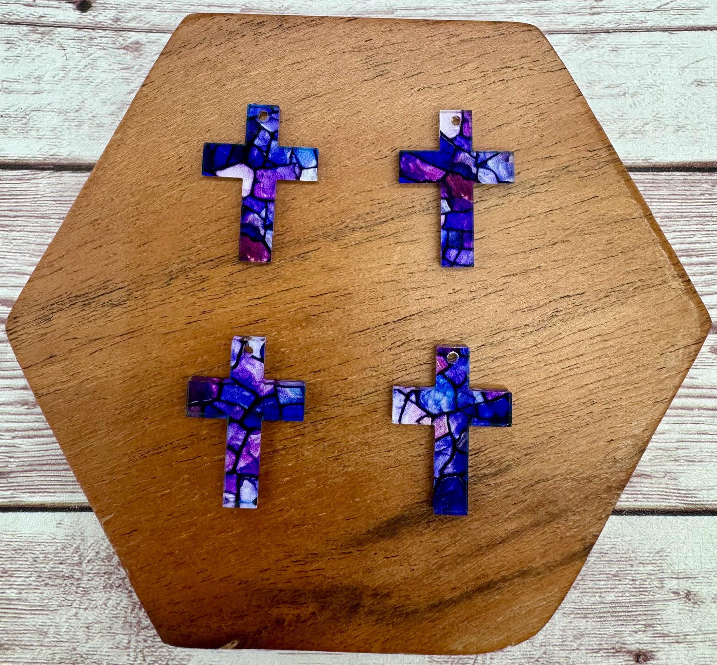 Set of 2 Pair Mini Purple Stained Glass Print Acrylic Cross Earring Blanks DIY Jewelry Making