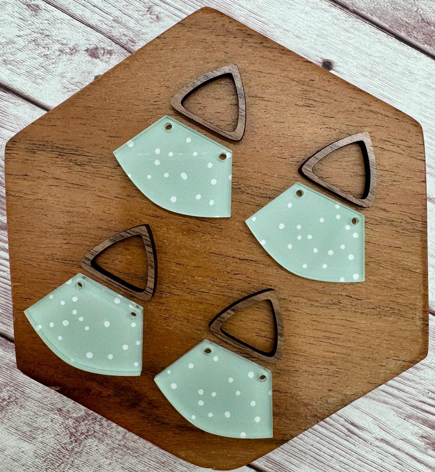 Sage and White Polka Dot Print Acrylic and Hollow Walnut Triangle Connector Set Earring Blanks, DIY Jewelry Making