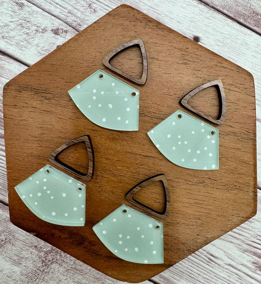 Sage and White Polka Dot Print Acrylic and Hollow Walnut Triangle Connector Set Earring Blanks, DIY Jewelry Making