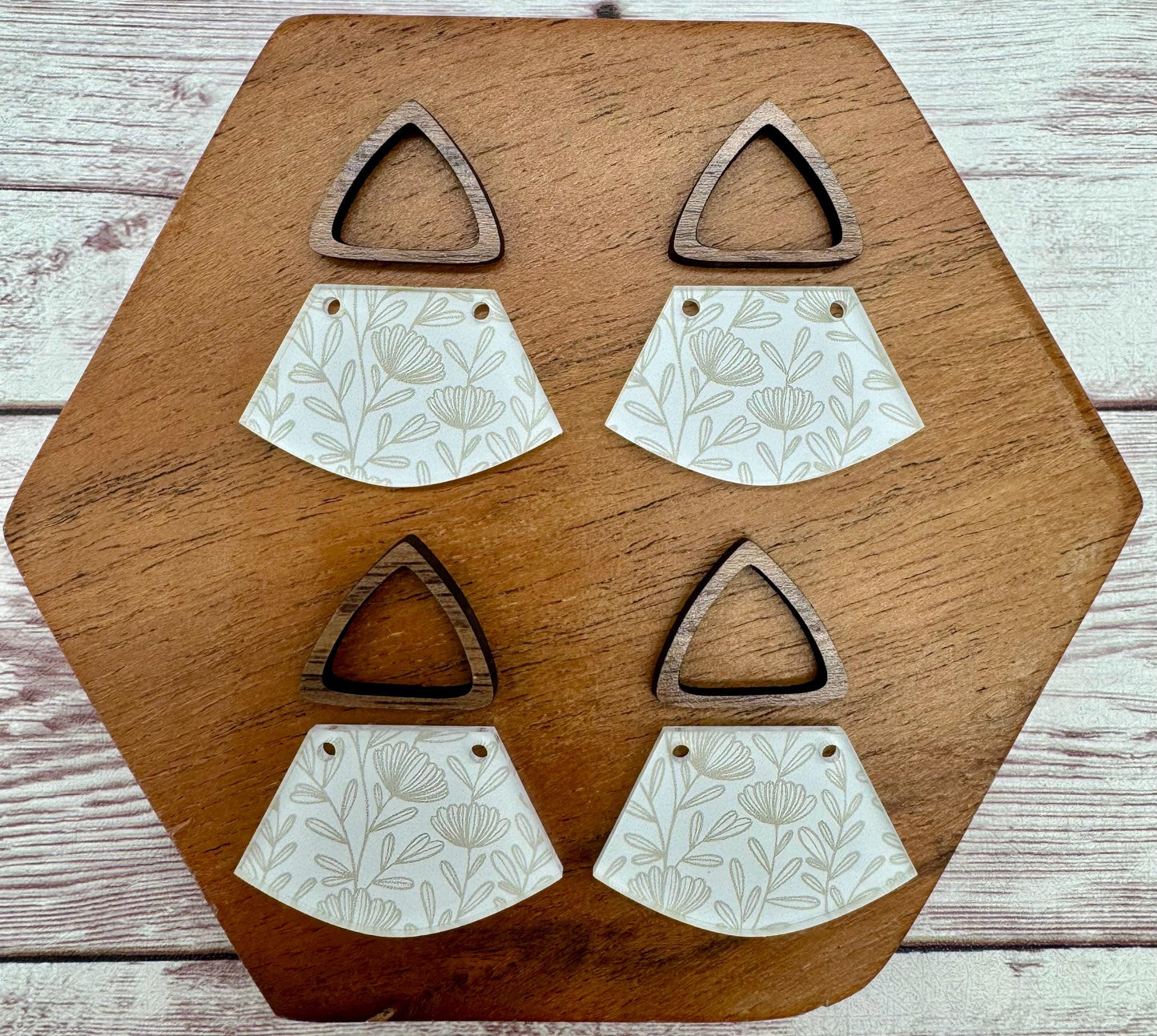 Beige and White Floral Print Acrylic and Hollow Walnut Triangle Connector Set Earring Blanks, DIY Jewelry Making