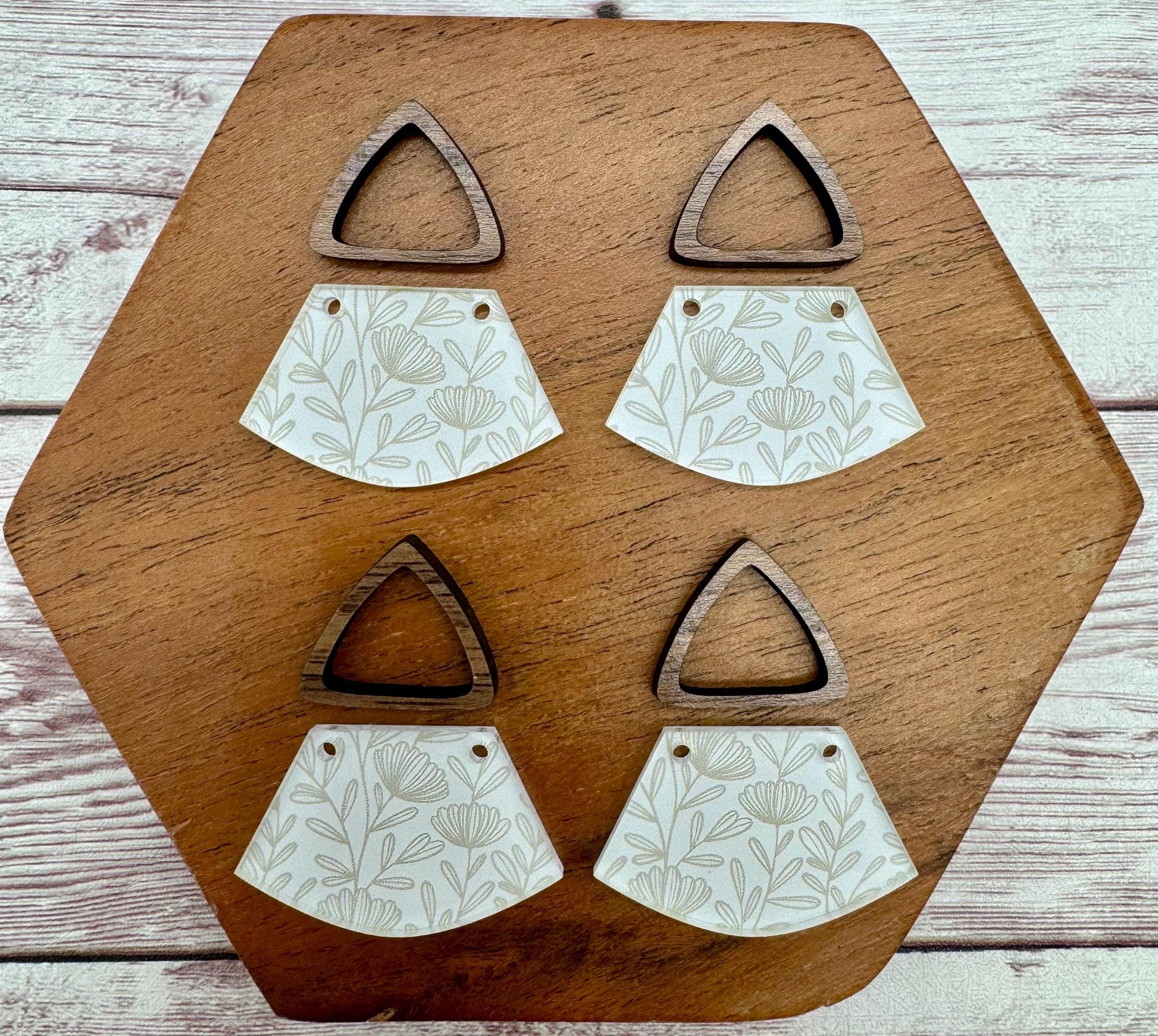 Beige and White Floral Print Acrylic and Hollow Walnut Triangle Connector Set Earring Blanks, DIY Jewelry Making