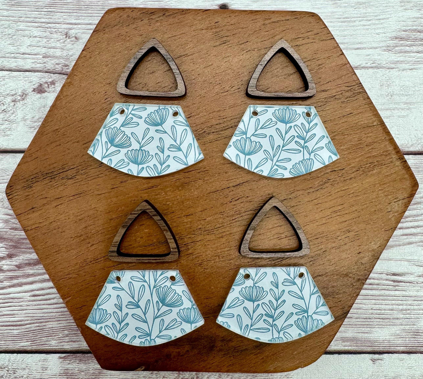 Blue and White Floral Print Acrylic and Hollow Walnut Triangle Connector Set Earring Blanks, DIY Jewelry Making