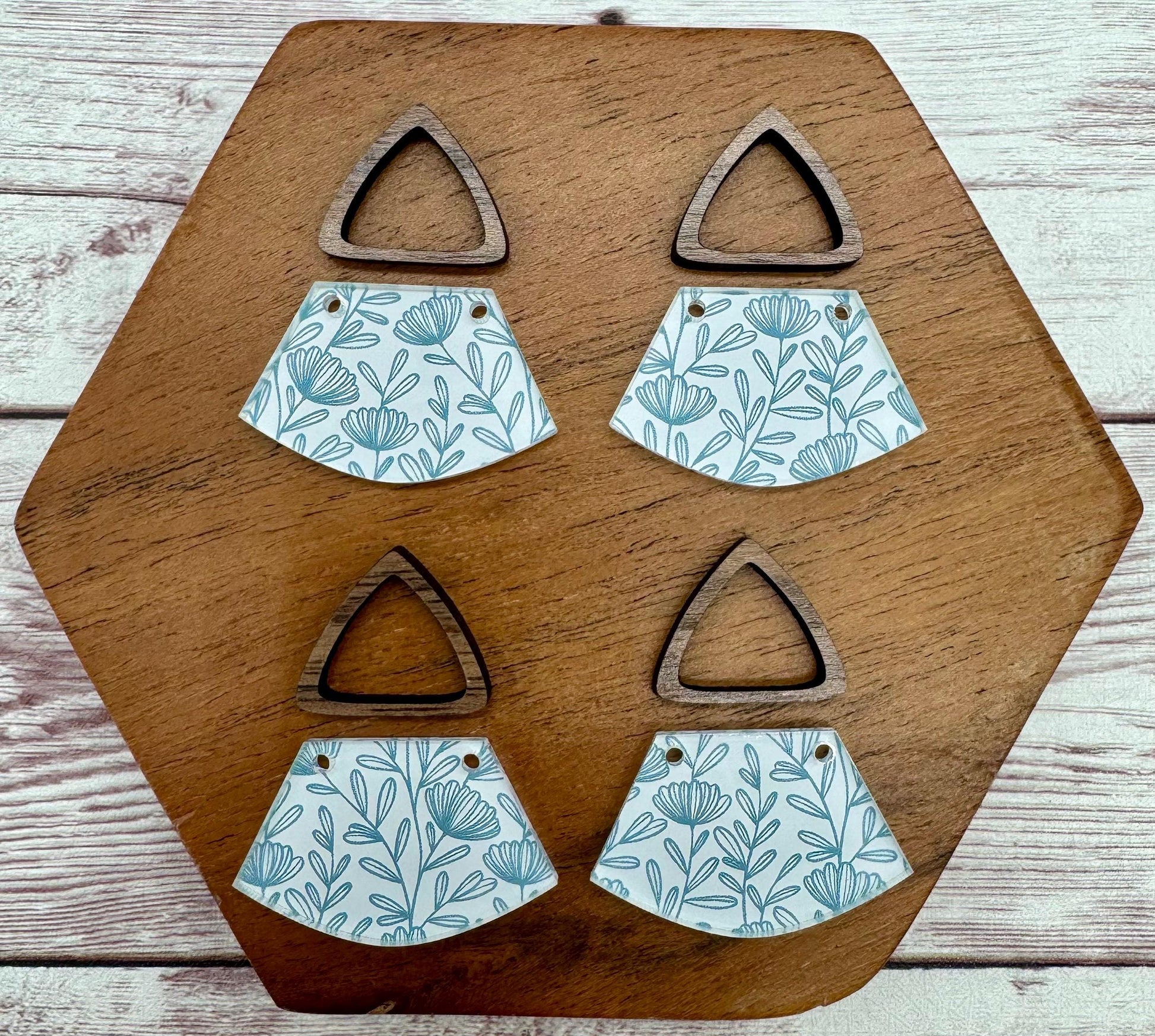 Blue and White Floral Print Acrylic and Hollow Walnut Triangle Connector Set Earring Blanks, DIY Jewelry Making