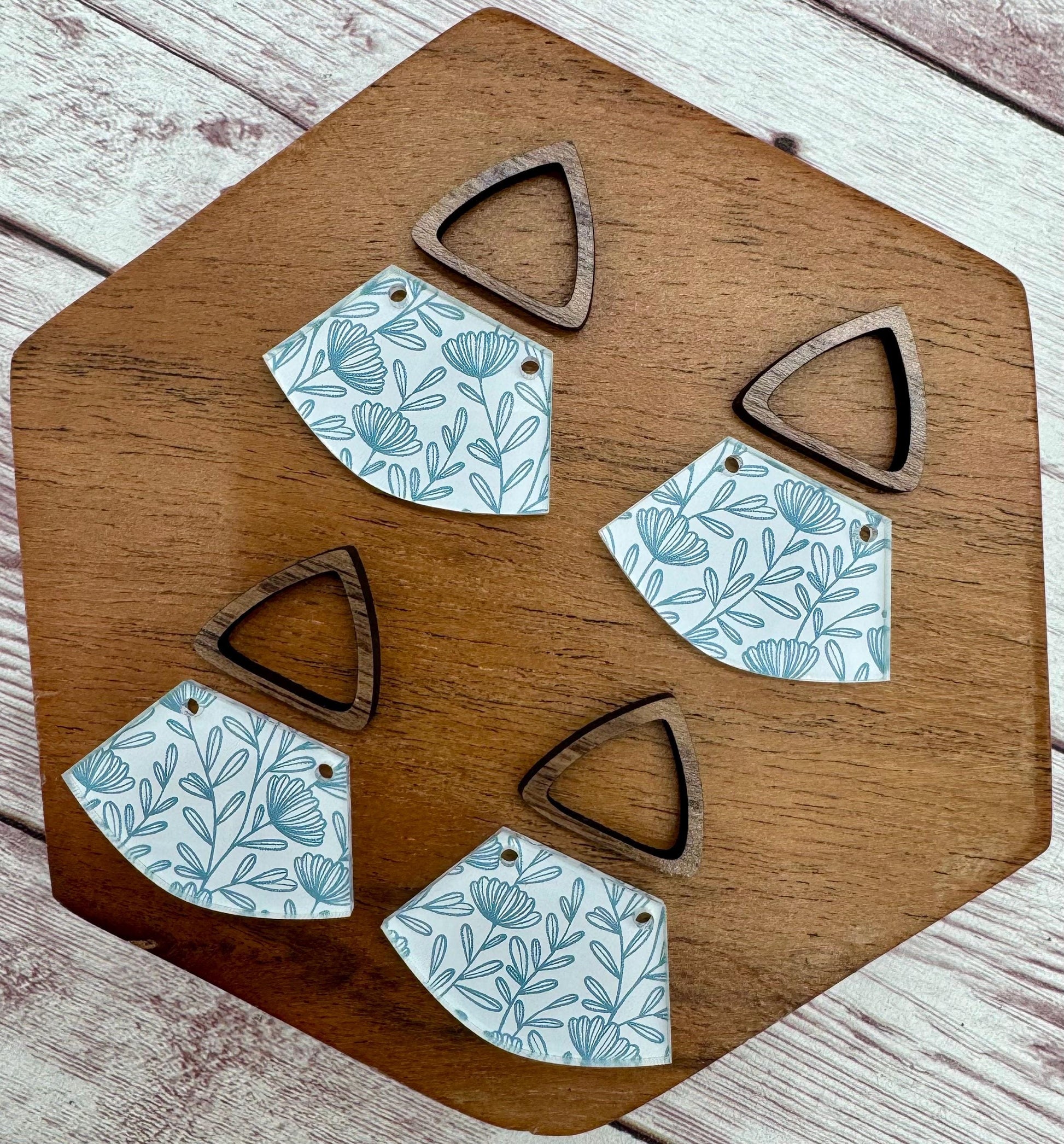 Blue and White Floral Print Acrylic and Hollow Walnut Triangle Connector Set Earring Blanks, DIY Jewelry Making