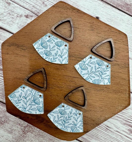 Blue and White Floral Print Acrylic and Hollow Walnut Triangle Connector Set Earring Blanks, DIY Jewelry Making
