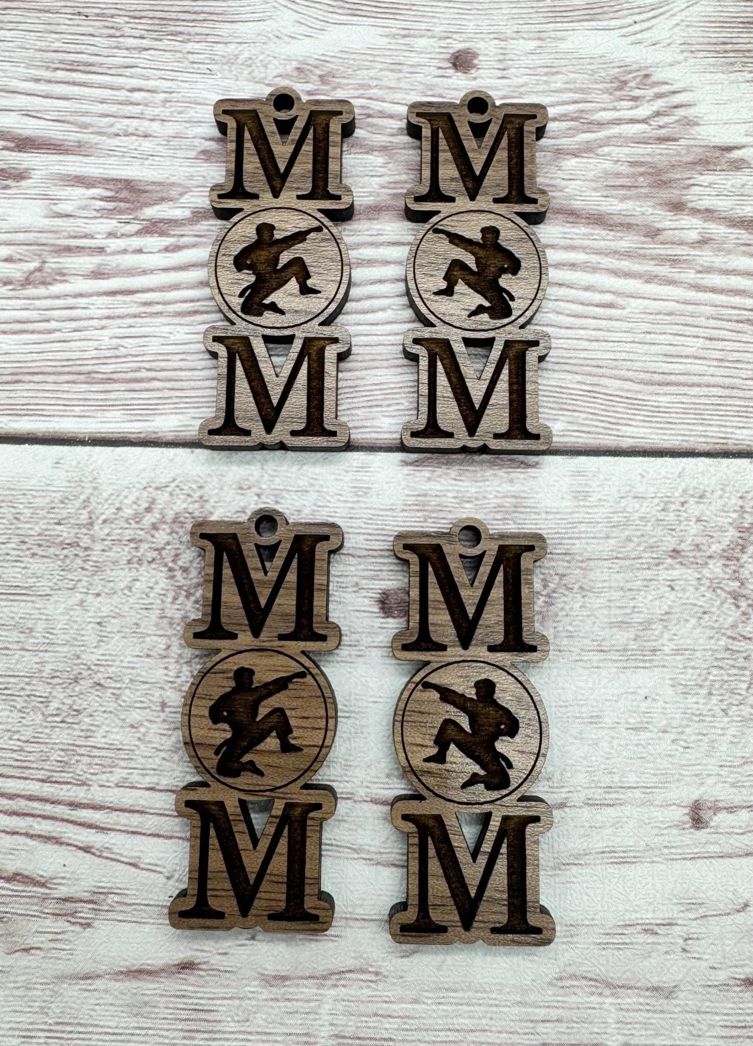 Wood Engraved Karate Mom Cutout Earring Blanks, Finished Walnut Blank, DIY Jewelry Making
