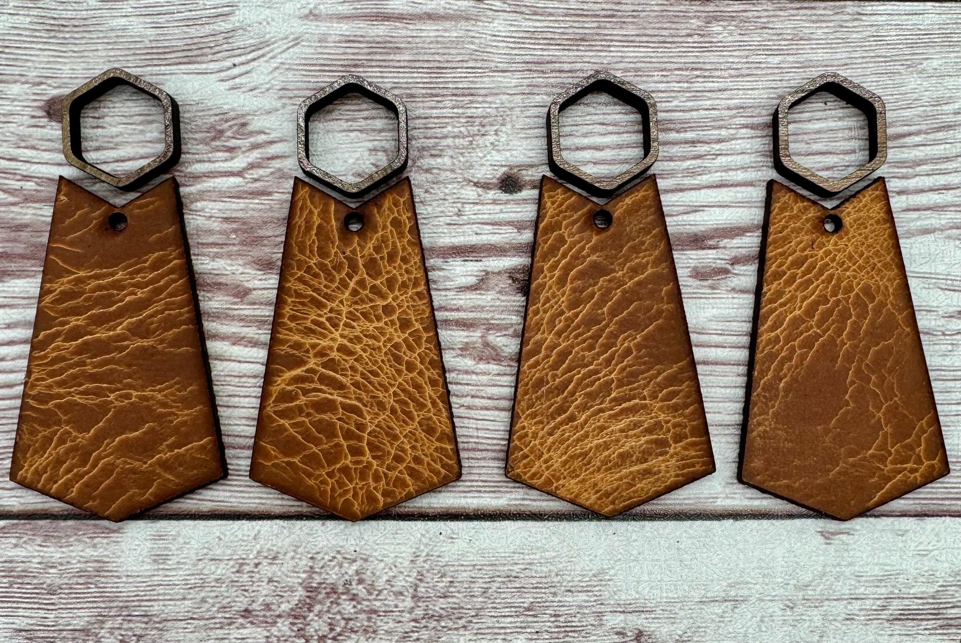 Hollow Wood Hexagon and Natural Vegetable Tanned Leather Set, Earring Blanks, Finished Walnut Blank, DIY Jewelry Making