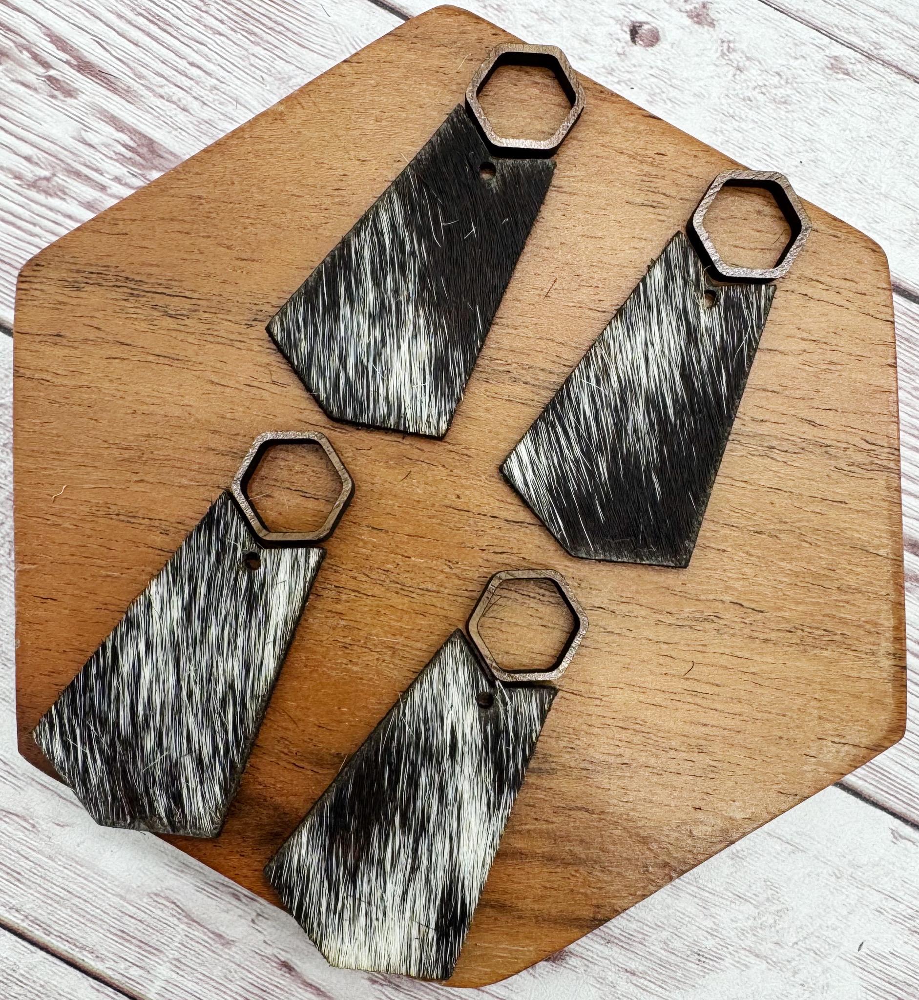 Hollow Wood Hexagon and Genuine Cowhide Backed Faux Leather Set, Earring Blanks, Finished Walnut Blank, DIY Jewelry Making