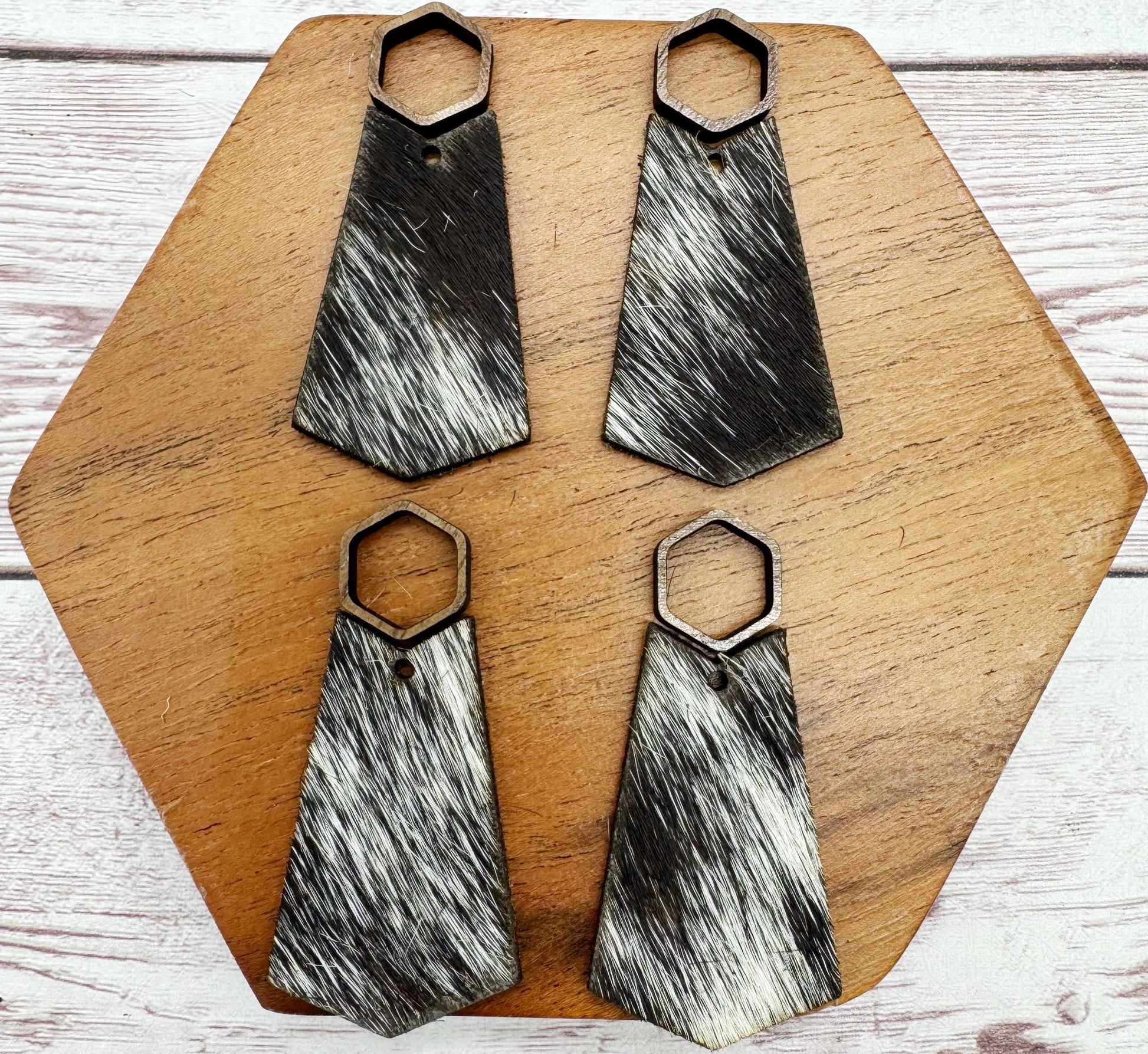 Hollow Wood Hexagon and Genuine Cowhide Backed Faux Leather Set, Earring Blanks, Finished Walnut Blank, DIY Jewelry Making