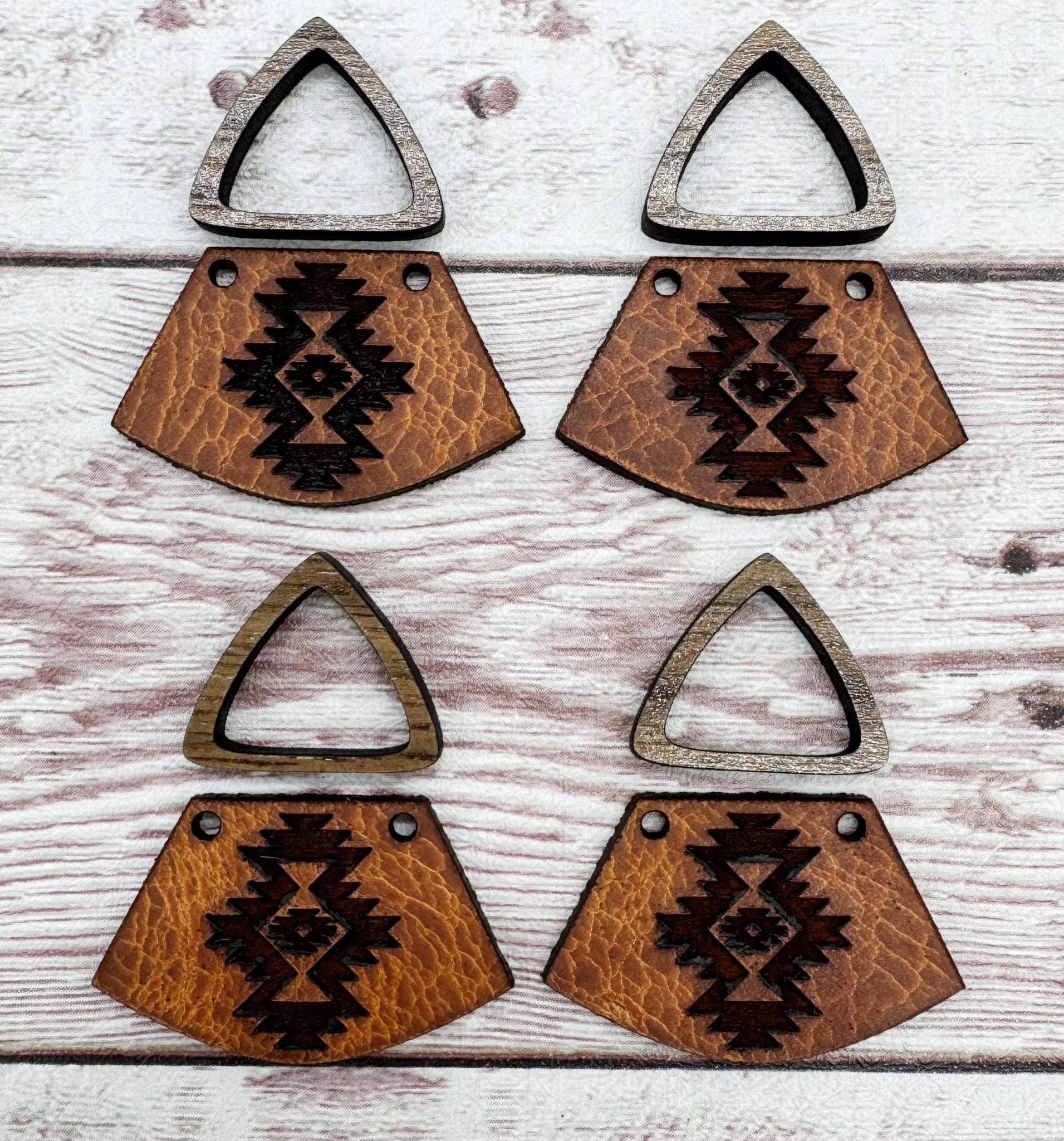 Natural Vegetable Tanned Leather Aztec #1 Southwest Engraved and Hollow Walnut Triangle Connector Set Earring Blanks, DIY Jewelry Making