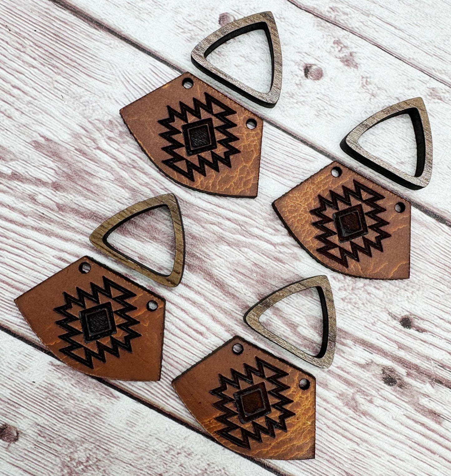 Natural Vegetable Tanned Leather Aztec #2 Southwest Engraved and Hollow Walnut Triangle Connector Set Earring Blanks, DIY Jewelry Making