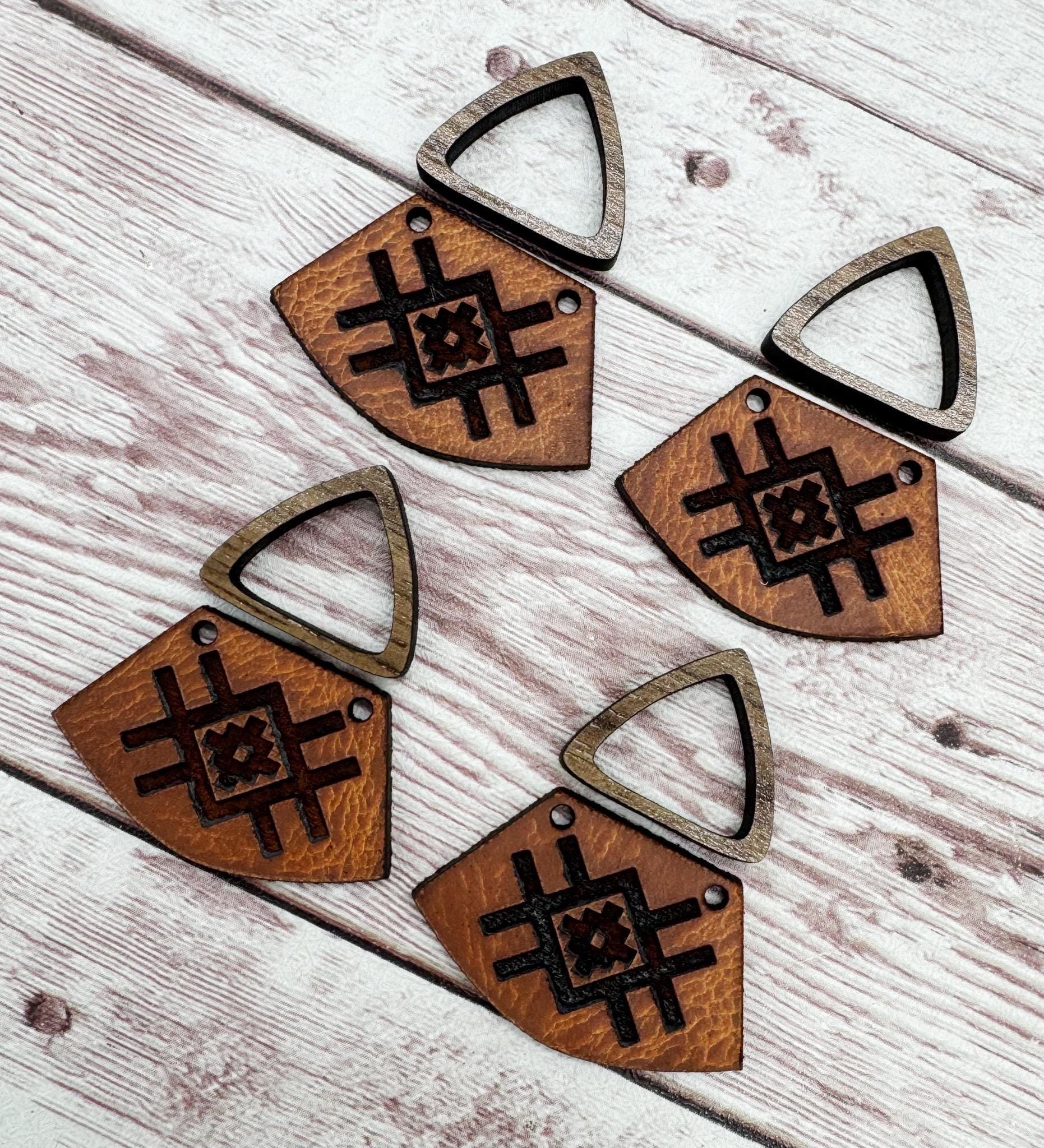Natural Vegetable Tanned Leather Aztec #3 Southwest Engraved and Hollow Walnut Triangle Connector Set Earring Blanks, DIY Jewelry Making