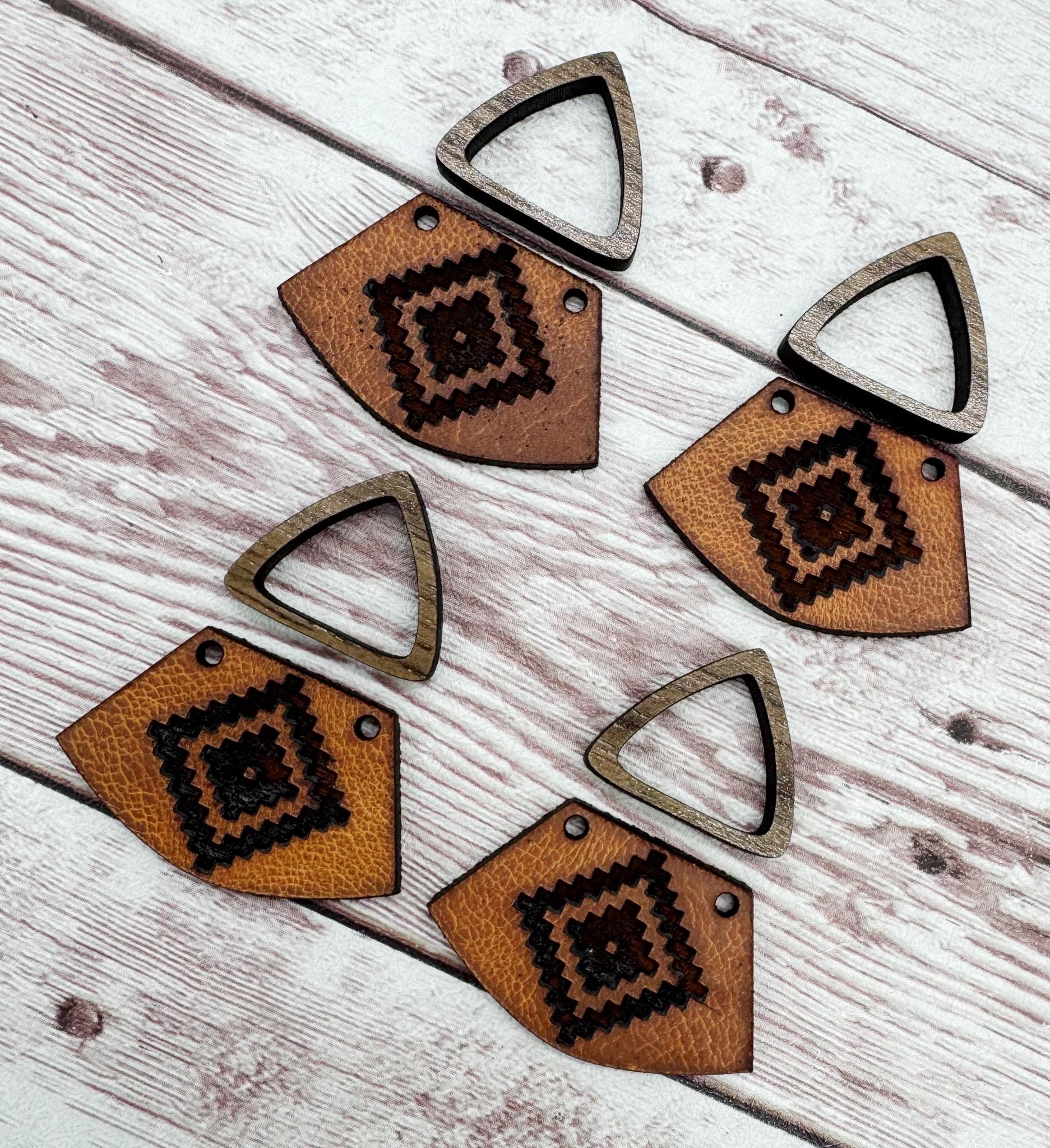 Natural Vegetable Tanned Leather Aztec #4 Southwest Engraved and Hollow Walnut Triangle Connector Set Earring Blanks, DIY Jewelry Making