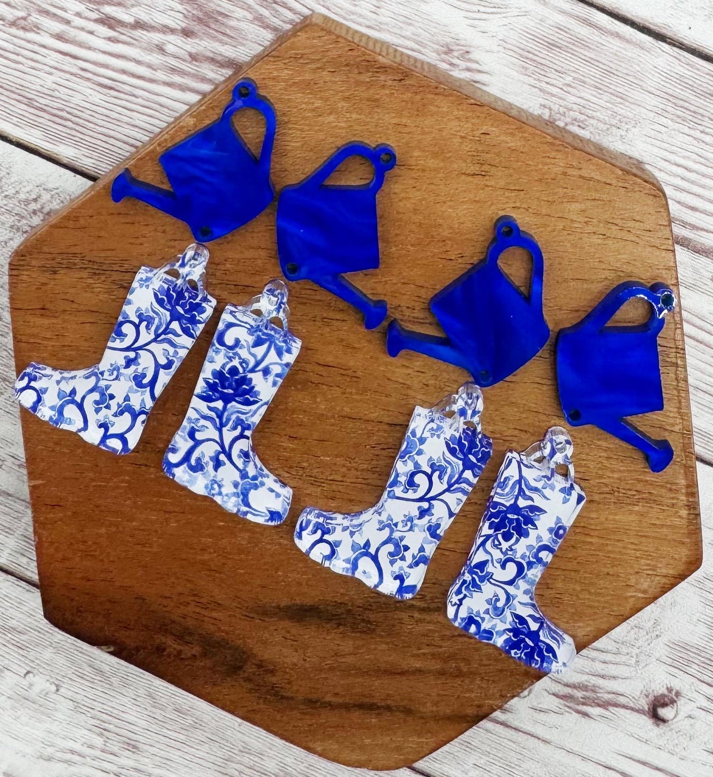 Watering Can and Rain Boots Blue and White Spring Acrylic Set Earring Blanks, DIY Jewelry Making