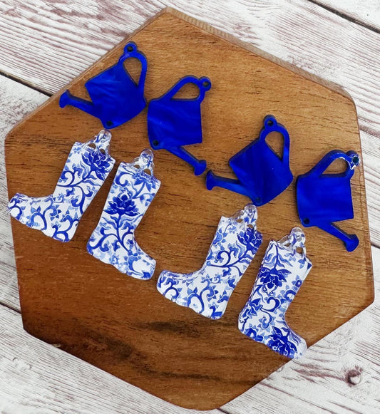Watering Can and Rain Boots Blue and White Spring Acrylic Set Earring Blanks, DIY Jewelry Making