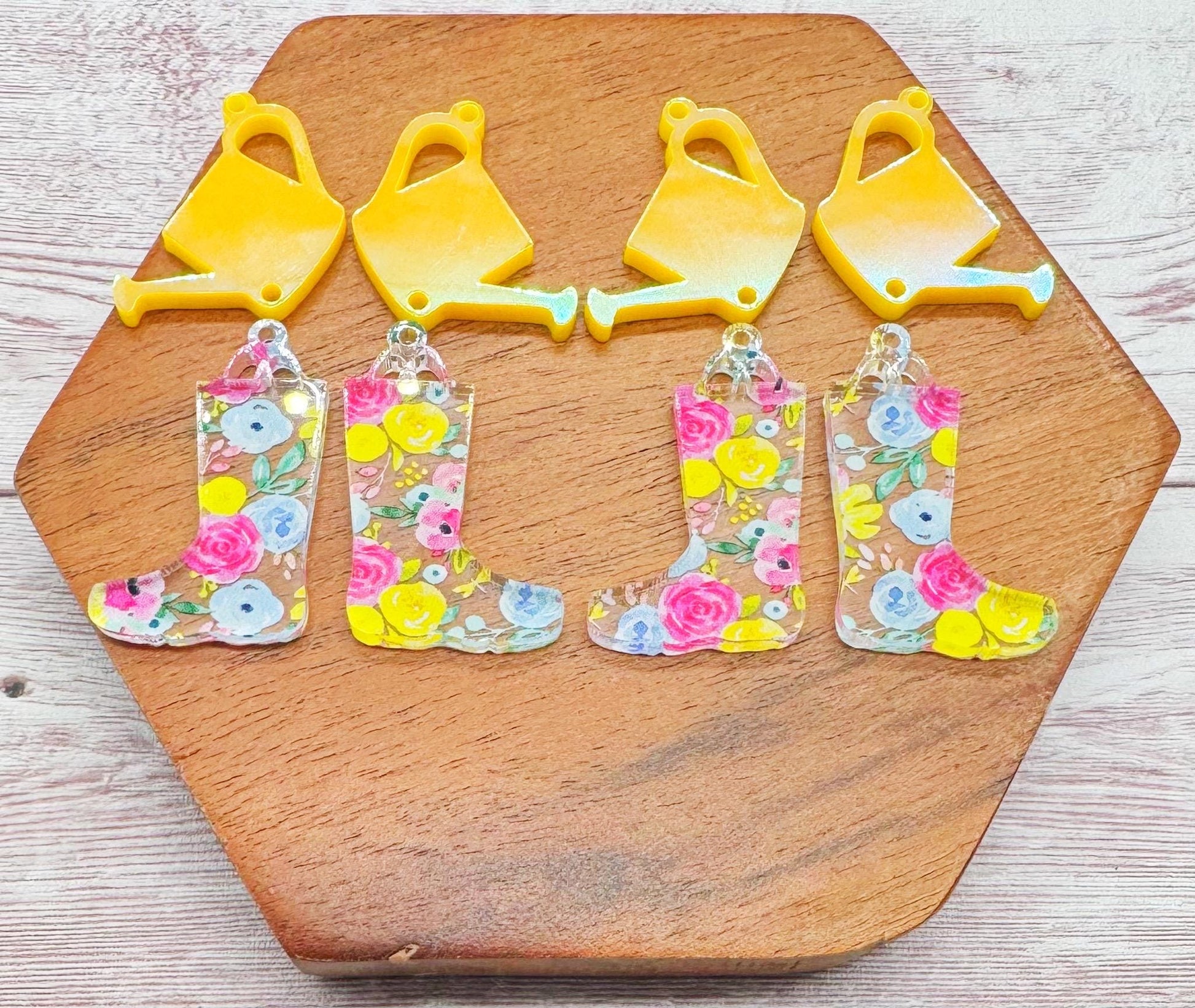 Watering Can and Rain Boots Pink and Yellow Floral Spring Acrylic Set Earring Blanks, DIY Jewelry Making
