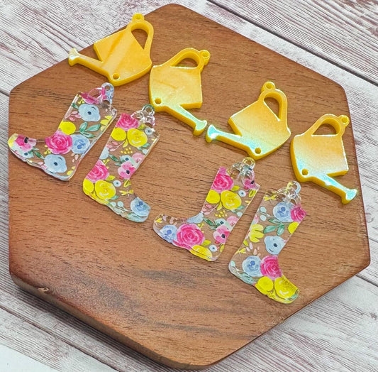 Watering Can and Rain Boots Pink and Yellow Floral Spring Acrylic Set Earring Blanks, DIY Jewelry Making