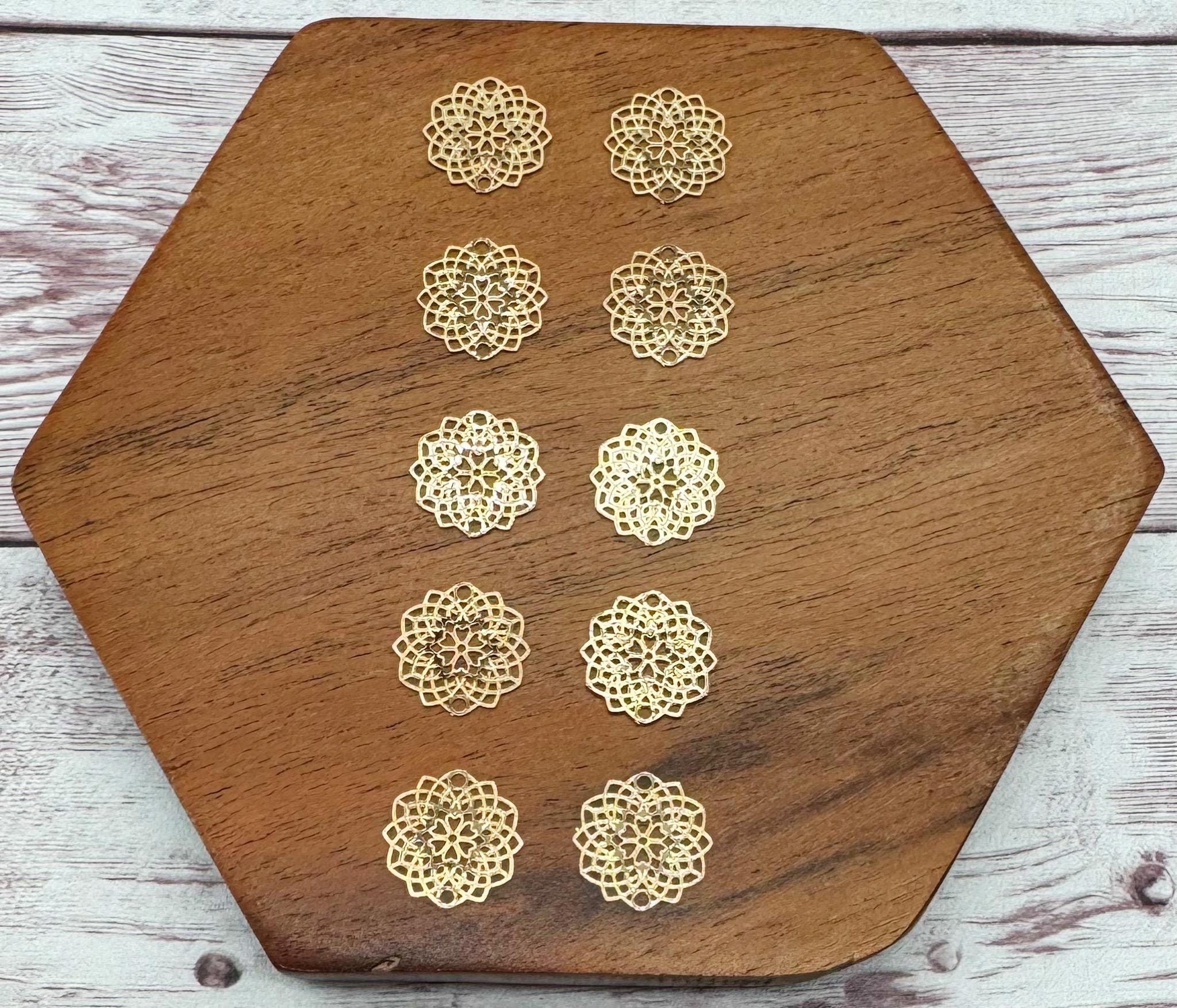 Dainty Light Gold Brass Intricate Flower 13.5mm Earring Connectors, Earring Findings, Set of 5 Pair DIY Jewelry Making