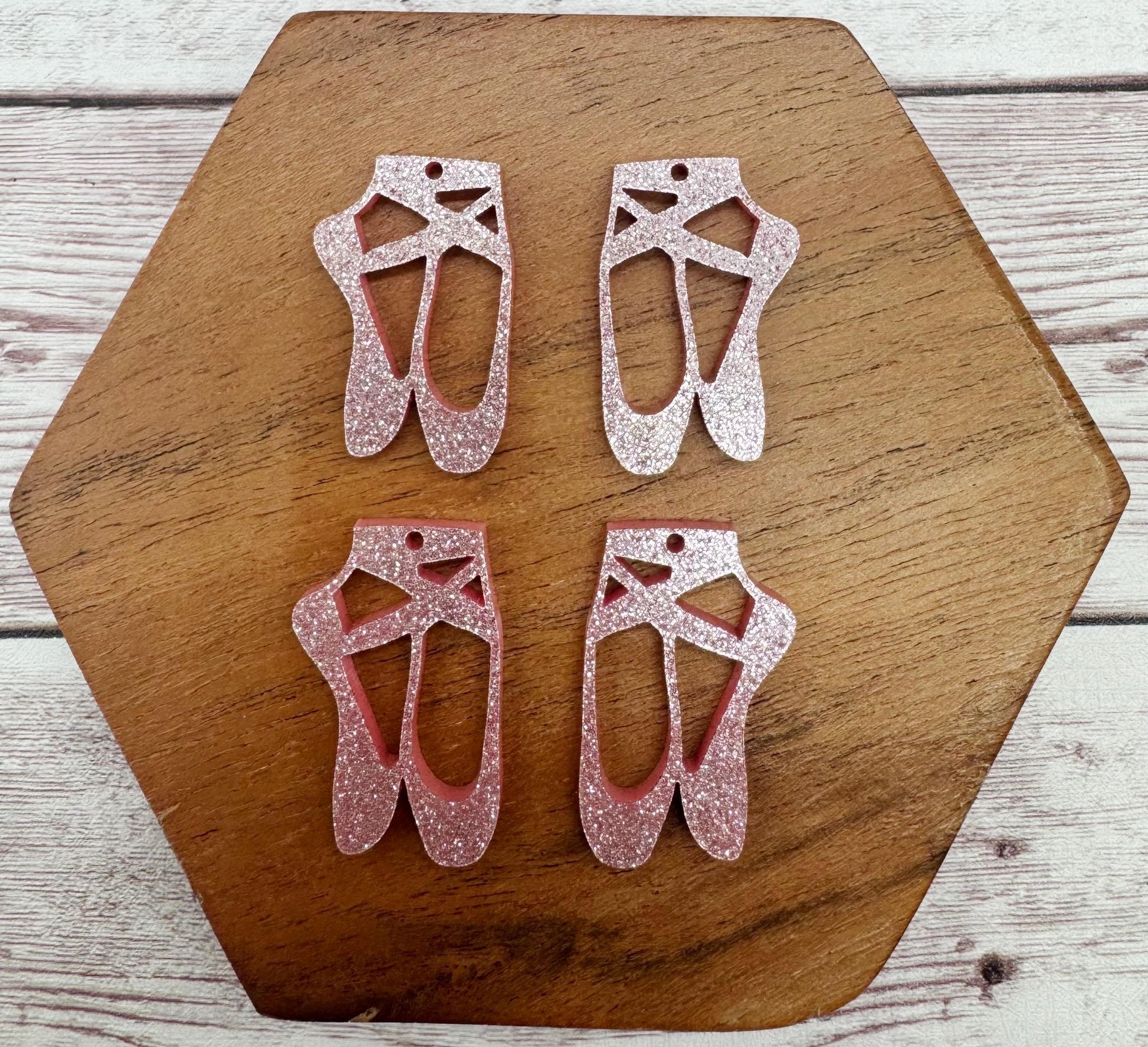Set of 2 Pair Pink Shimmer Glitter Acrylic Ballet Shoes Slippers Dance Earring Blanks, DIY Jewelry Making