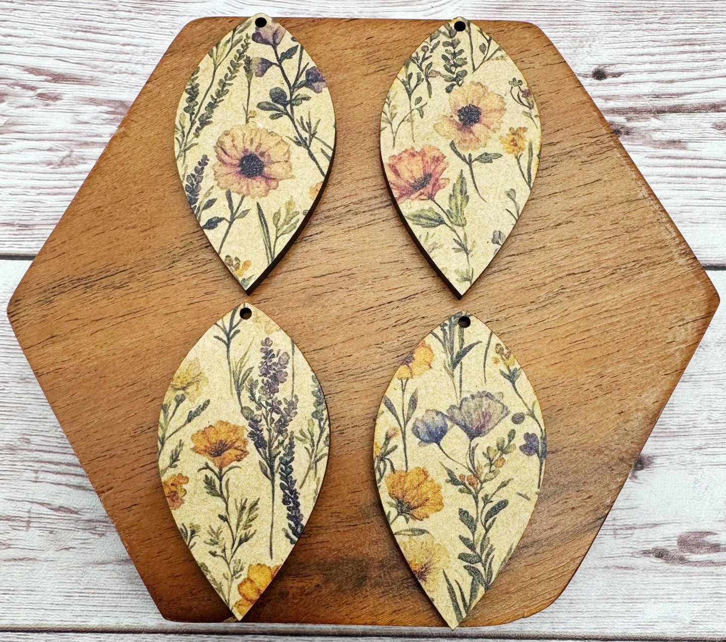 Patterned Wildflower Print Nature Spring Summer Wood Earring Blanks, DIY Jewelry Making
