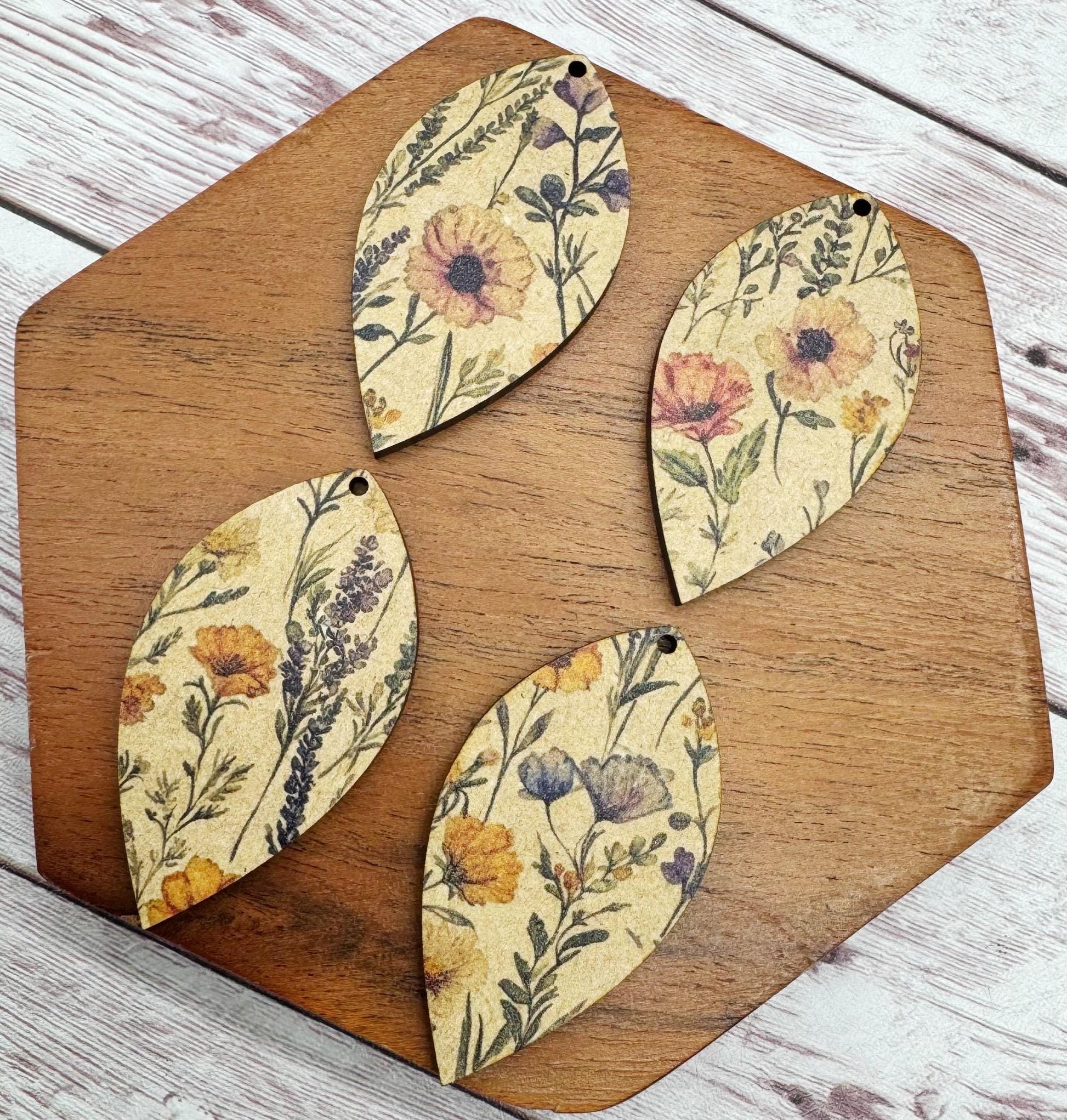 Patterned Wildflower Print Nature Spring Summer Wood Earring Blanks, DIY Jewelry Making