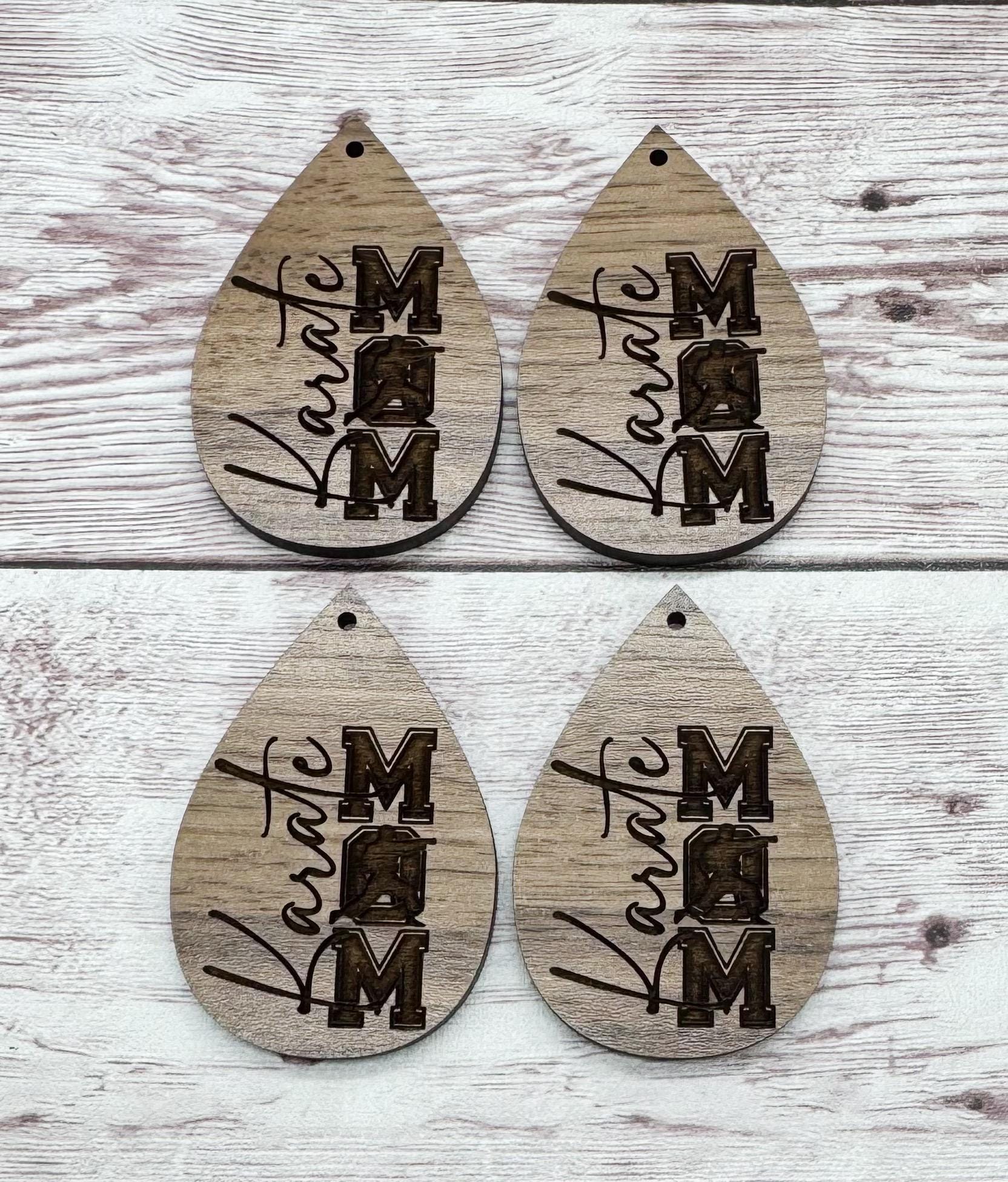 Wood Teardrop Engraved Karate Mom Earring Blanks, Finished Walnut Blank, DIY Jewelry Making