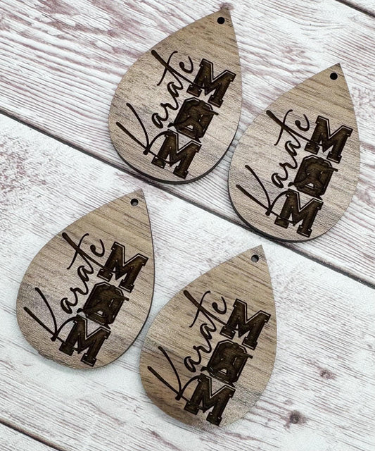 Wood Teardrop Engraved Karate Mom Earring Blanks, Finished Walnut Blank, DIY Jewelry Making