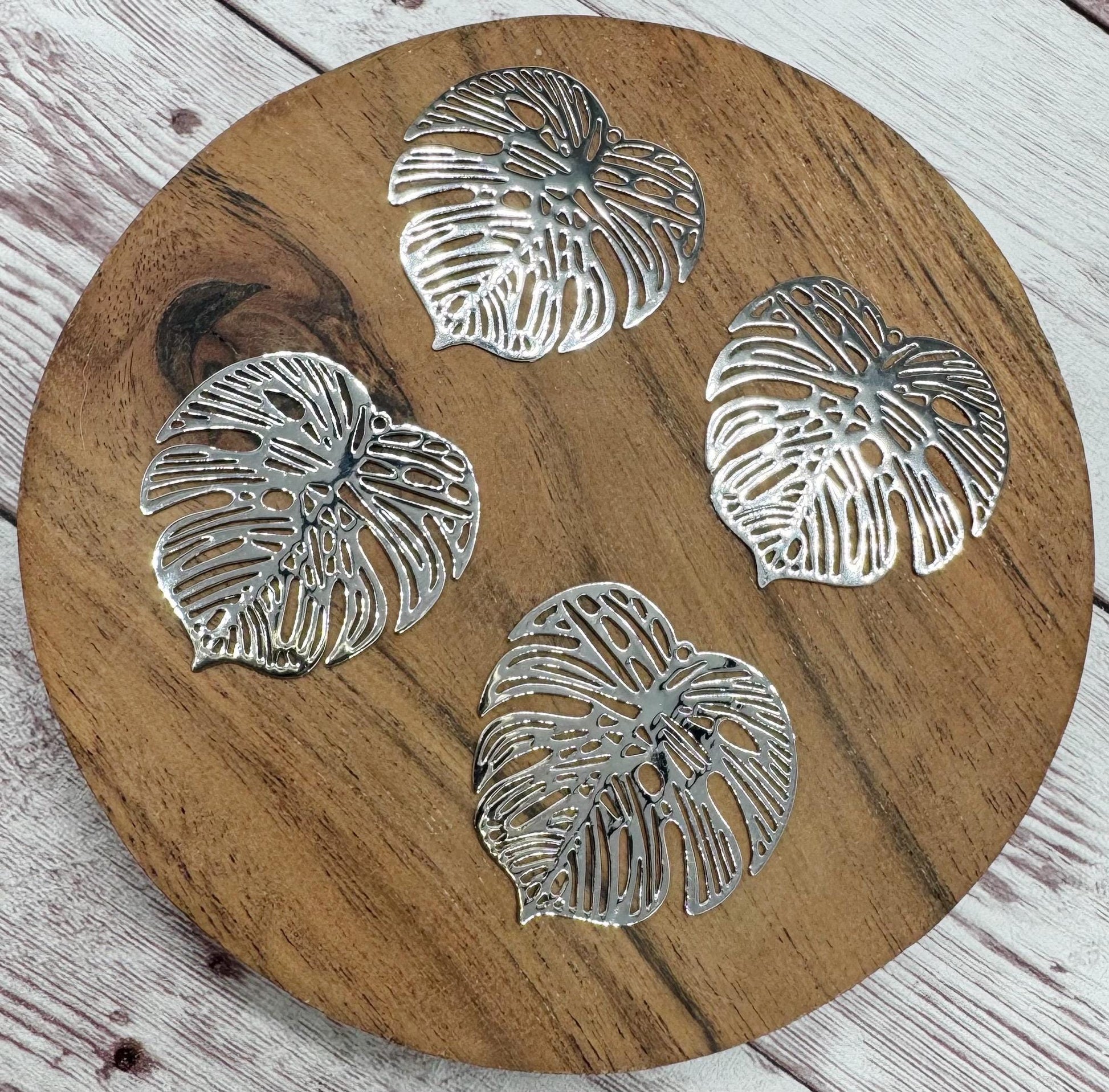 Platinum Plated Intricate Filigree Monstera Leaf 32x32mm Earring Blanks, Earring Findings, Set of 2 Pair DIY Jewelry Making