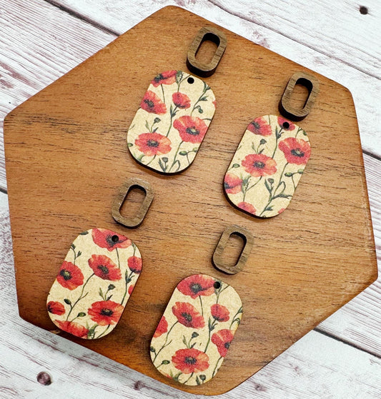 Patterned Floral Poppy Print Double Rectangle Set, Wood Earring Blanks, DIY Jewelry Making