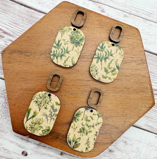 Patterned Greenery Print Double Rectangle Set, Wood Earring Blanks, DIY Jewelry Making