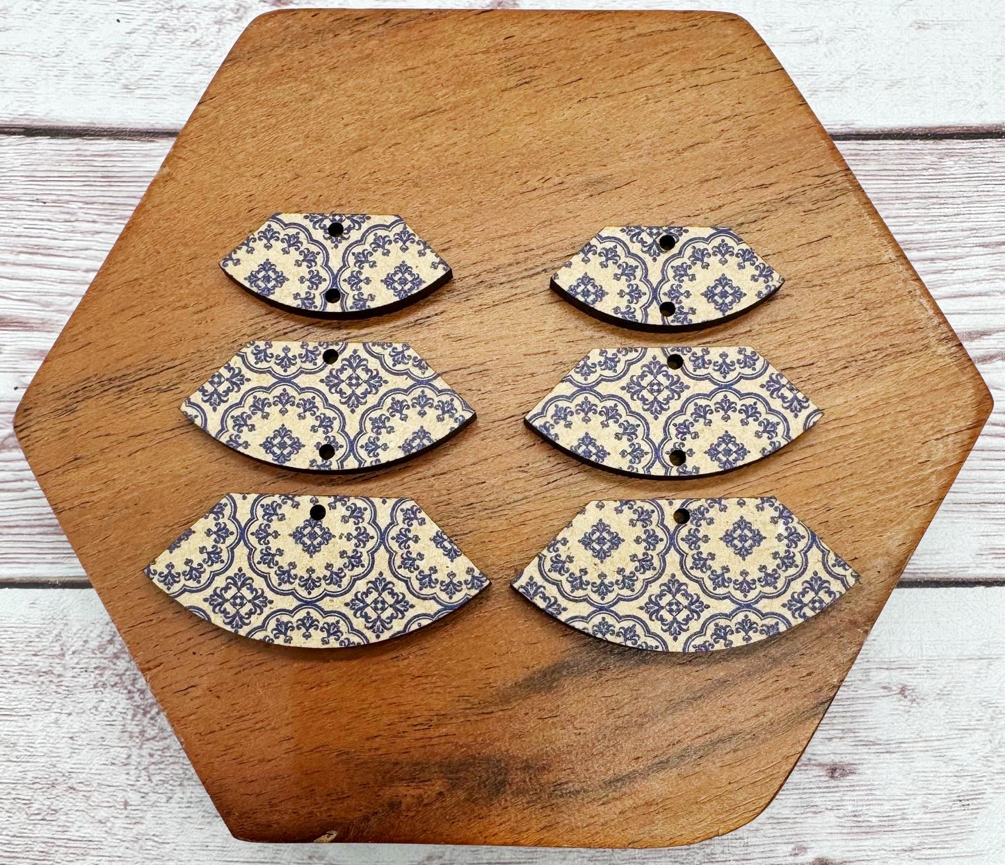 Patterned Blue China Circle Print Fan Trio Set, Wood Earring Blanks, DIY Jewelry Making