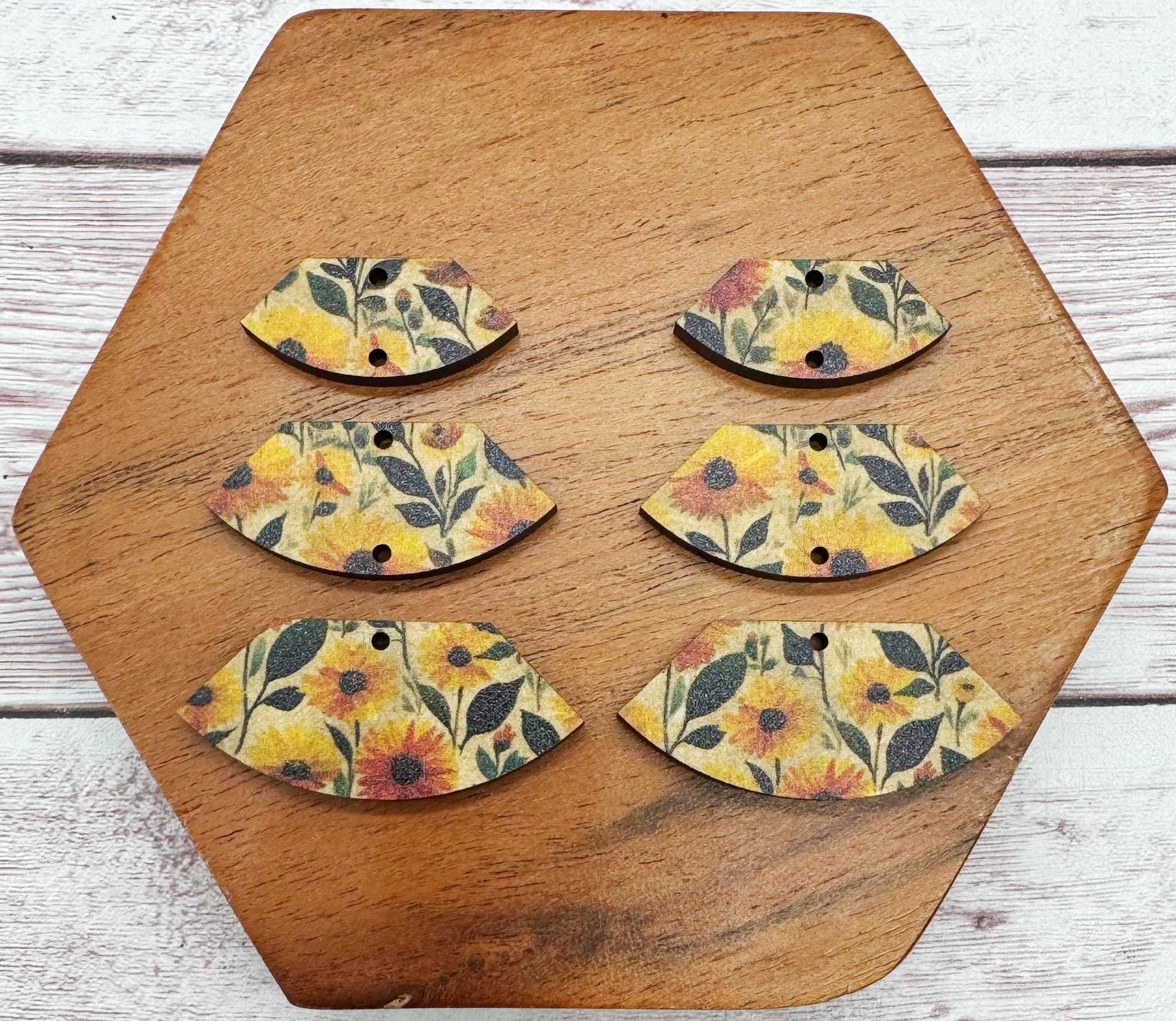 Patterned Sunflower Print Fan Trio Set, Wood Earring Blanks, DIY Jewelry Making