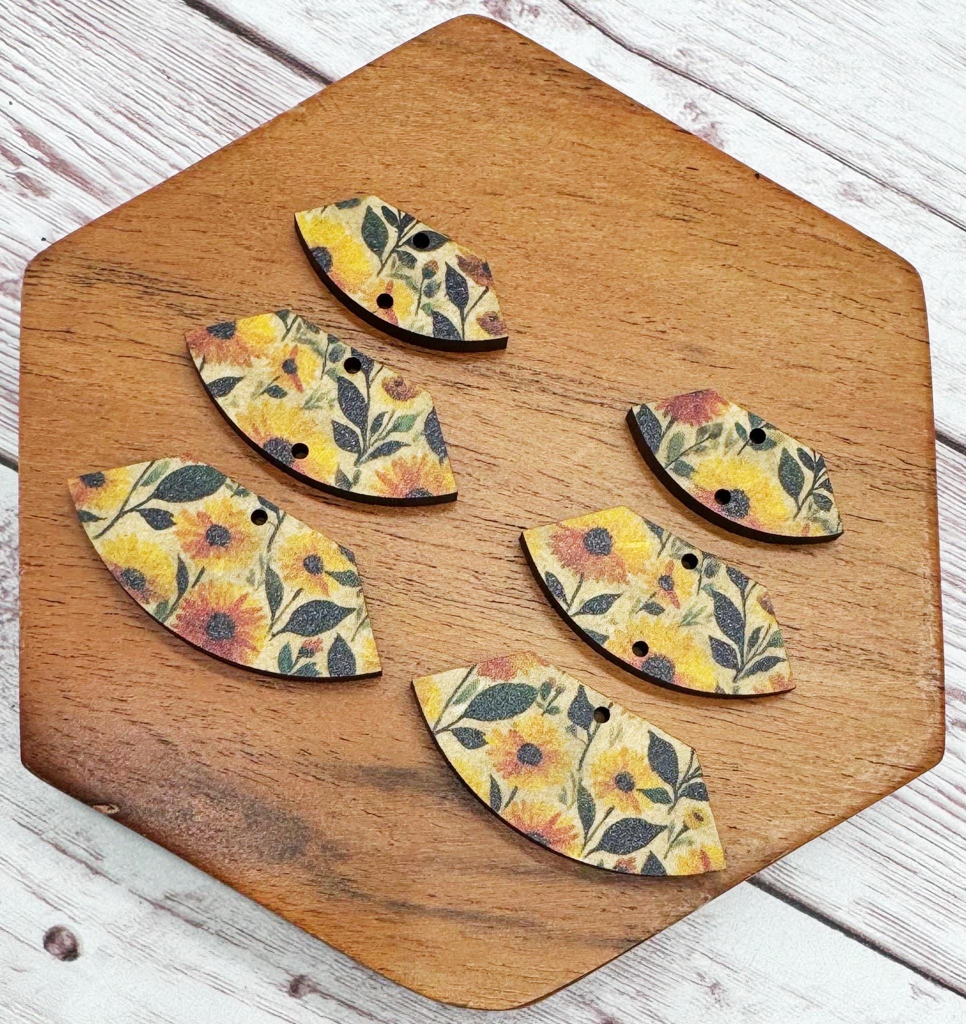Patterned Sunflower Print Fan Trio Set, Wood Earring Blanks, DIY Jewelry Making