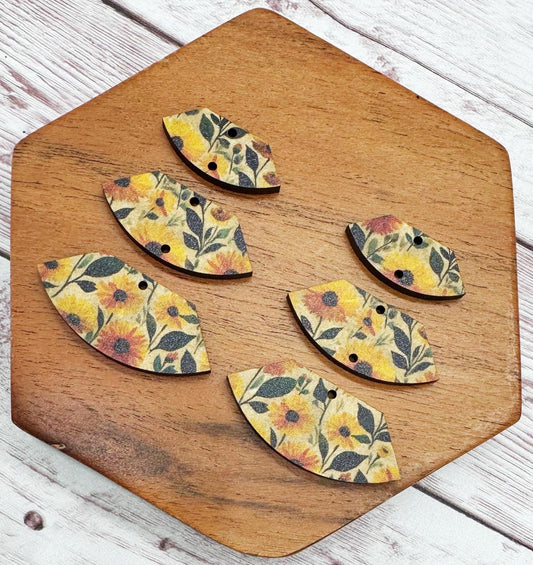Patterned Sunflower Print Fan Trio Set, Wood Earring Blanks, DIY Jewelry Making