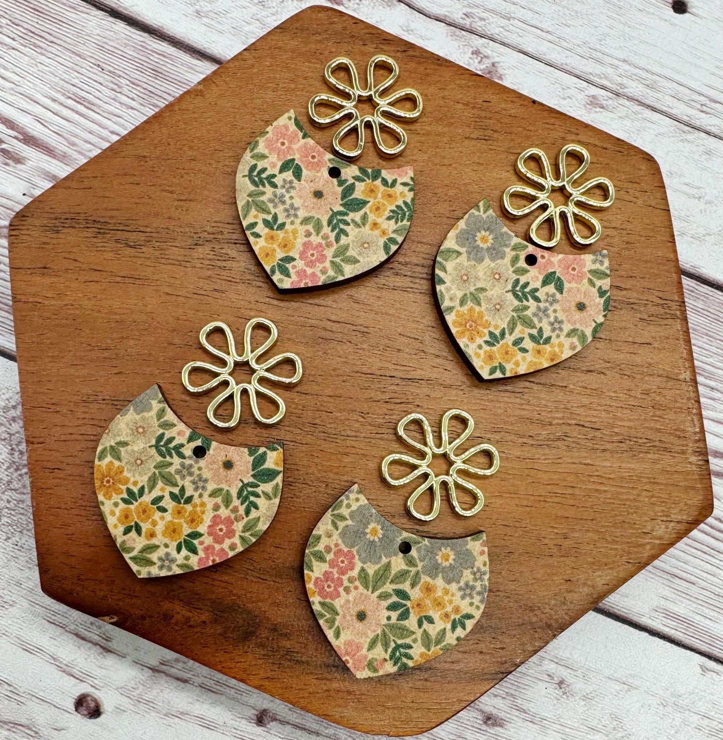 Patterned Micro Flower Print Wood With Light Gold Flower Connector Set, Earring Blanks, DIY Jewelry Making