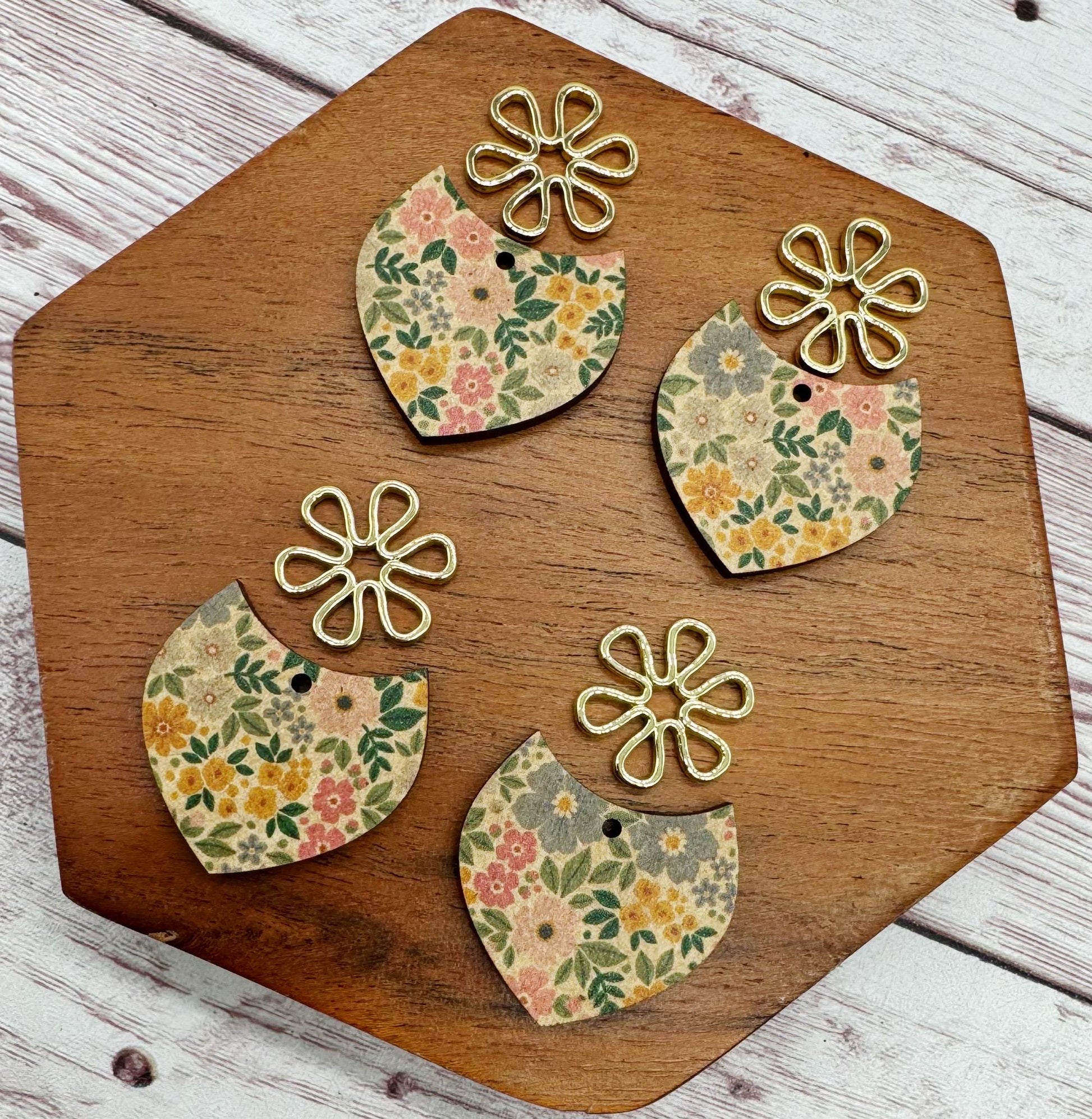 Patterned Micro Flower Print Wood With Light Gold Flower Connector Set, Earring Blanks, DIY Jewelry Making