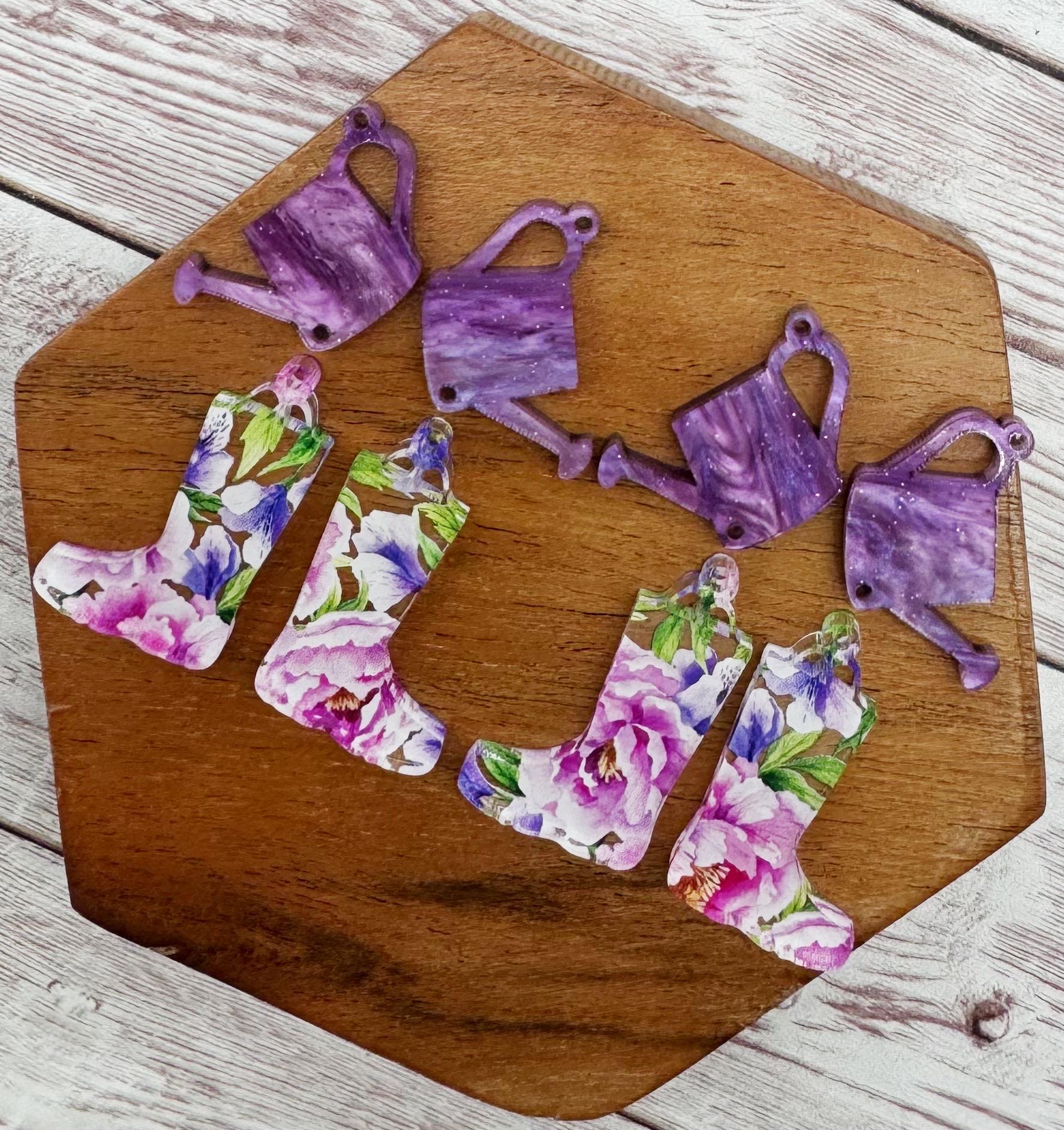 Watering Can and Rain Boots Purple and Pink Floral Spring Acrylic Set Earring Blanks, DIY Jewelry Making