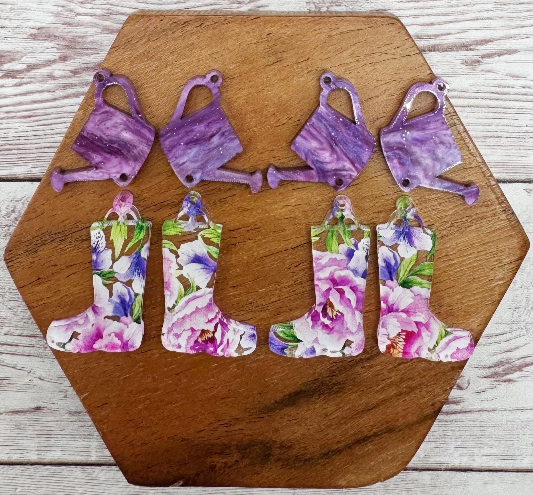 Watering Can and Rain Boots Purple and Pink Floral Spring Acrylic Set Earring Blanks, DIY Jewelry Making