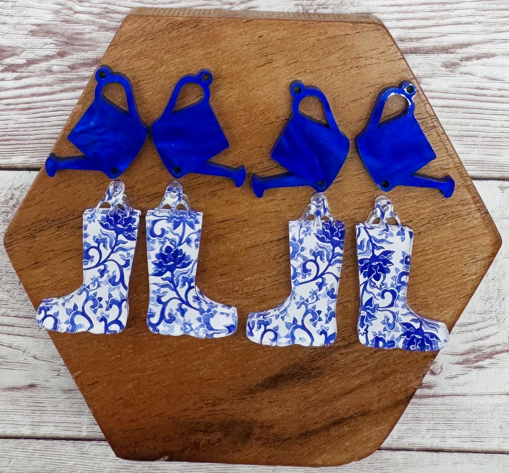 Watering Can and Rain Boots Blue and White Spring Acrylic Set Earring Blanks, DIY Jewelry Making