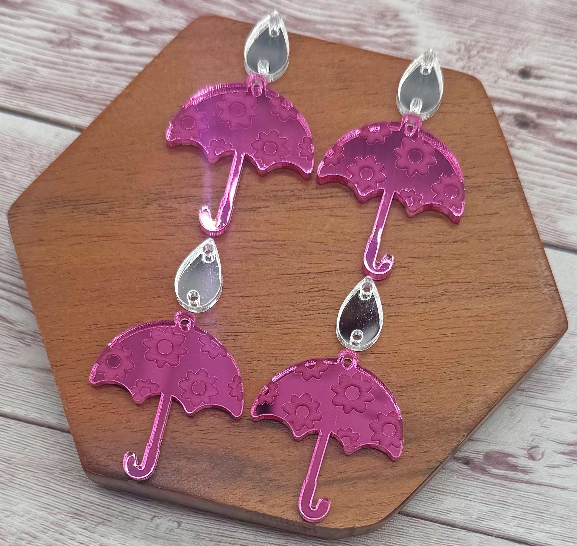 Engraved Pink Mirrored Umbrella and Raindrop Spring Acrylic Set Earring Blanks, DIY Jewelry Making