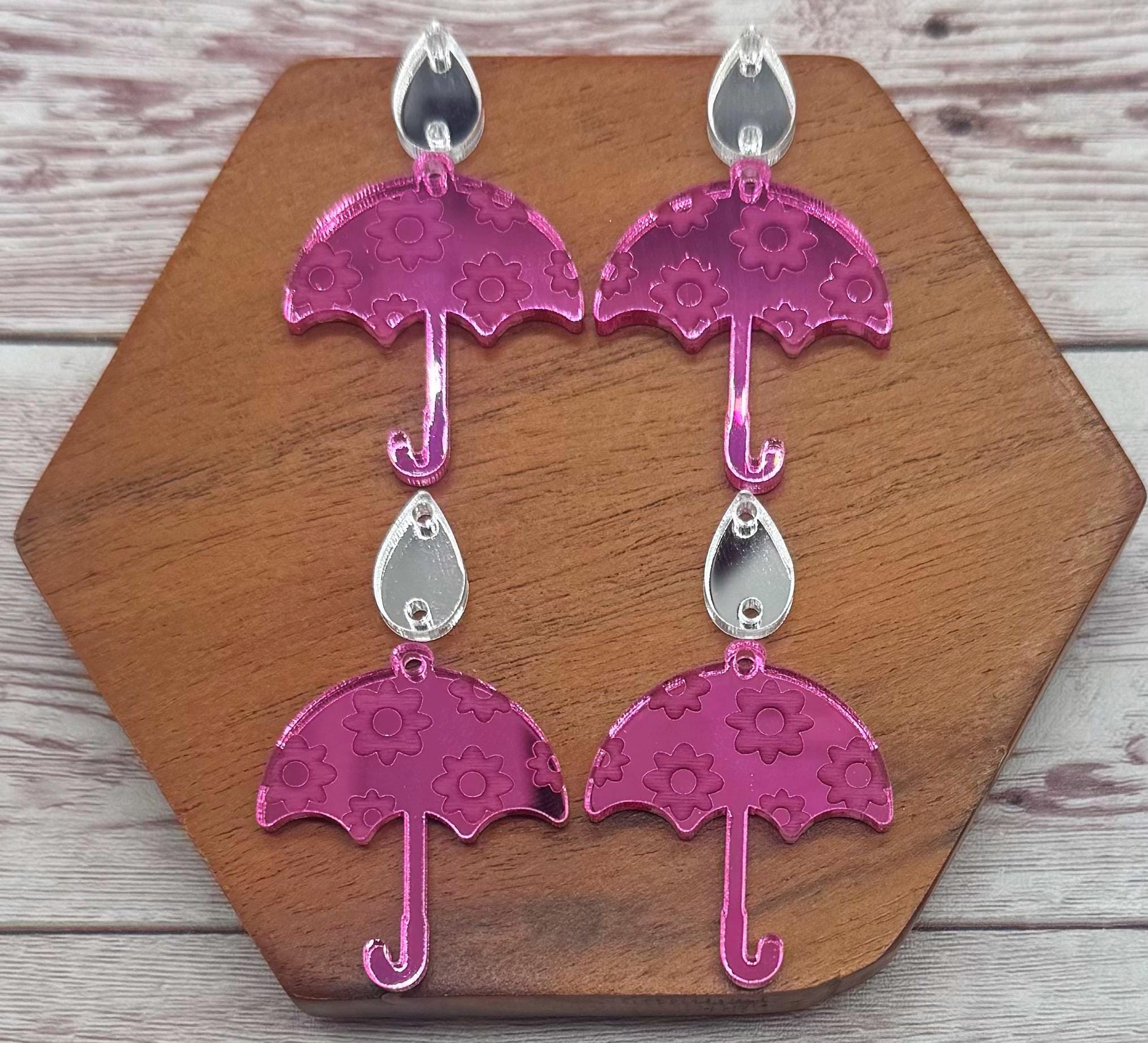 Engraved Pink Mirrored Umbrella and Raindrop Spring Acrylic Set Earring Blanks, DIY Jewelry Making