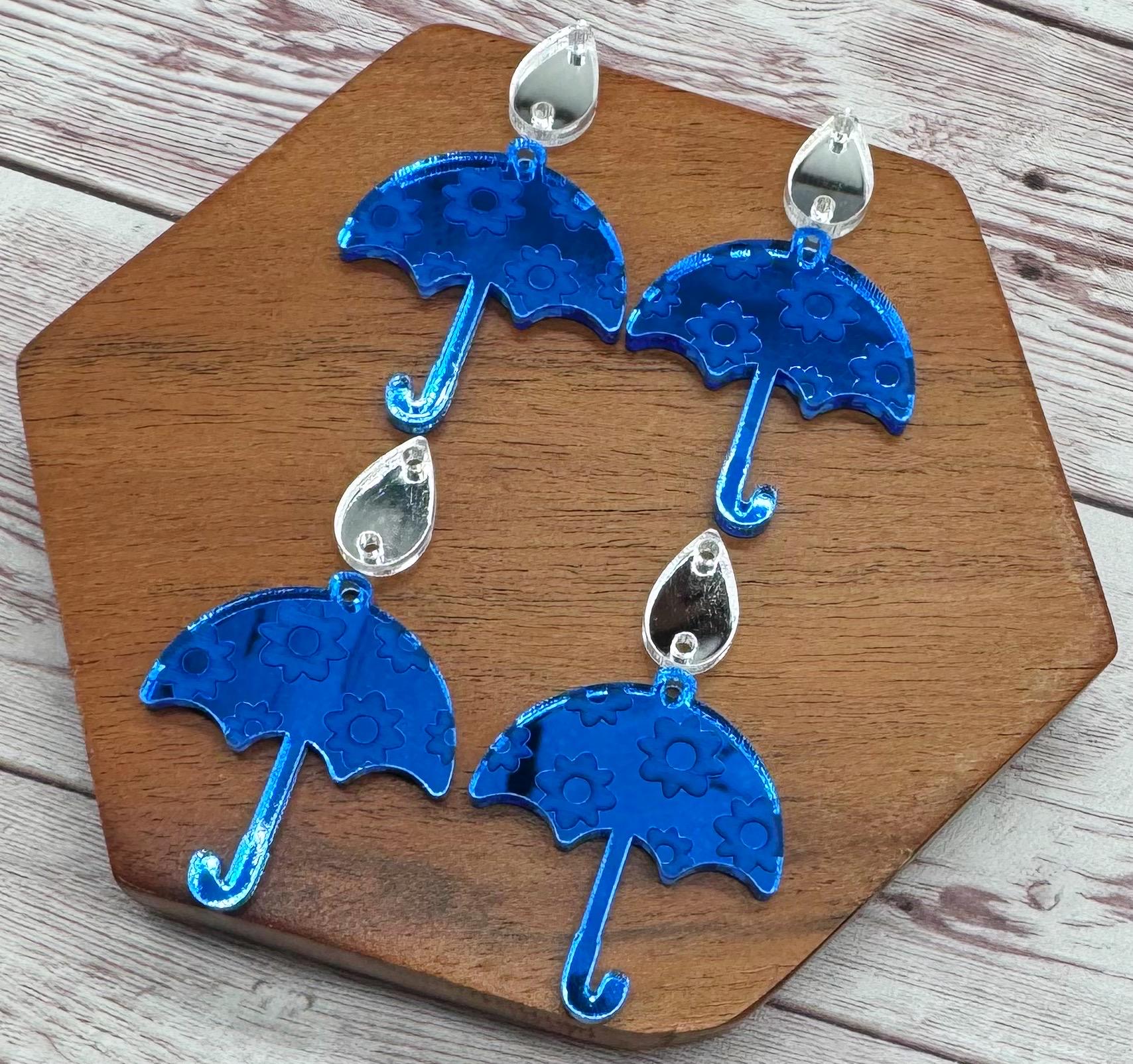 Engraved Sky Blue Mirrored Umbrella and Raindrop Spring Acrylic Set Earring Blanks, DIY Jewelry Making