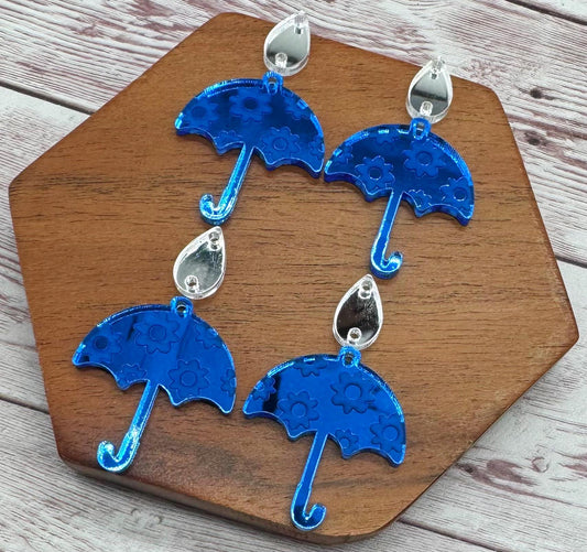 Engraved Sky Blue Mirrored Umbrella and Raindrop Spring Acrylic Set Earring Blanks, DIY Jewelry Making